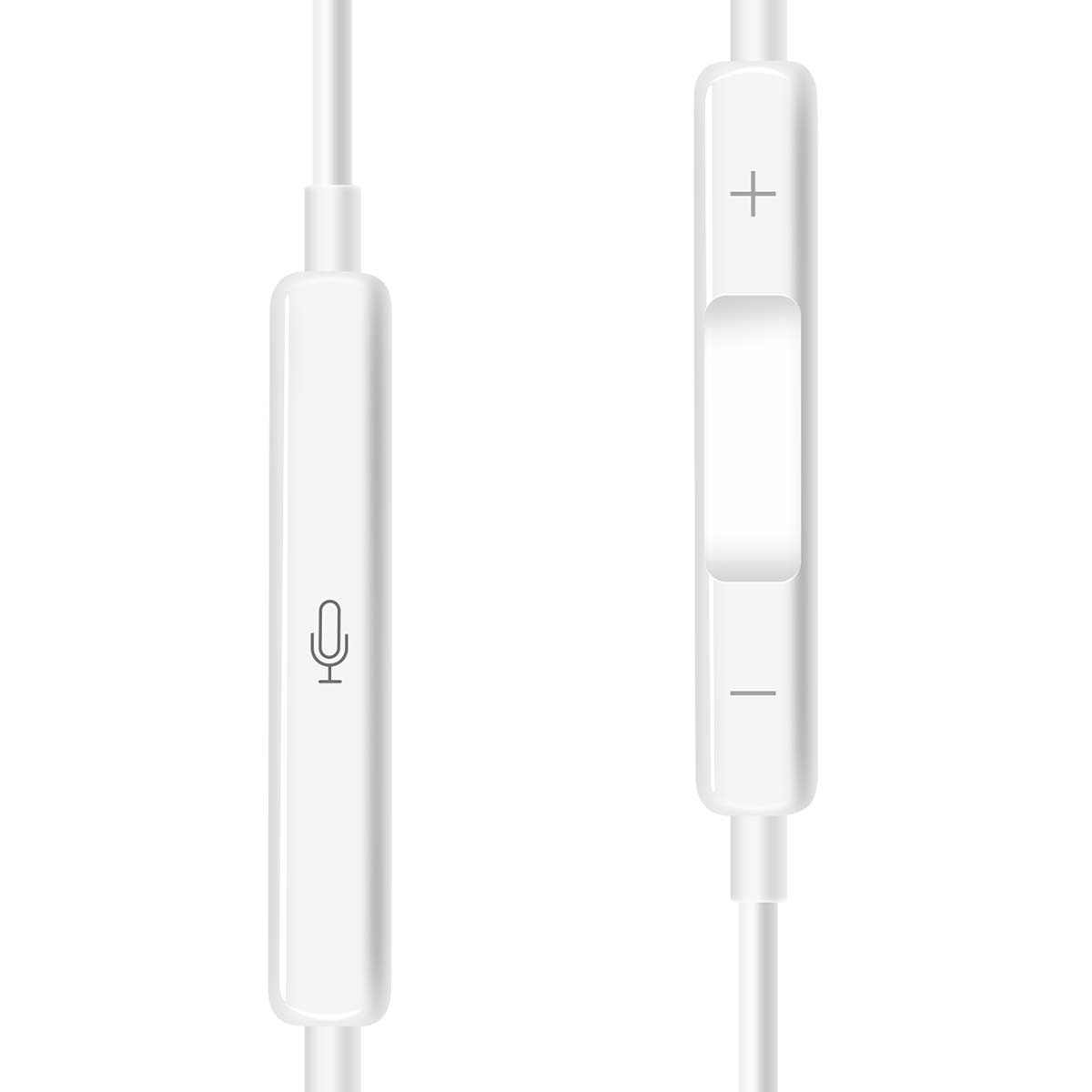 Écouteurs blancs avec deux modules de contrôle. L'un a une icône de microphone, l'autre des commandes de volume (+ et -).