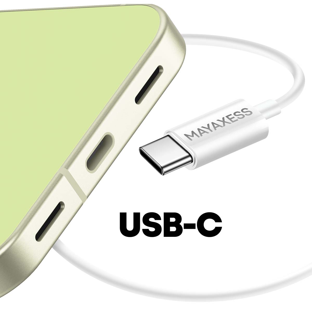 Ein Telefon und ein USB-C-Kabel. Das Telefon ist hellgrün und das Kabel ist weiß. USB-C steht unten.