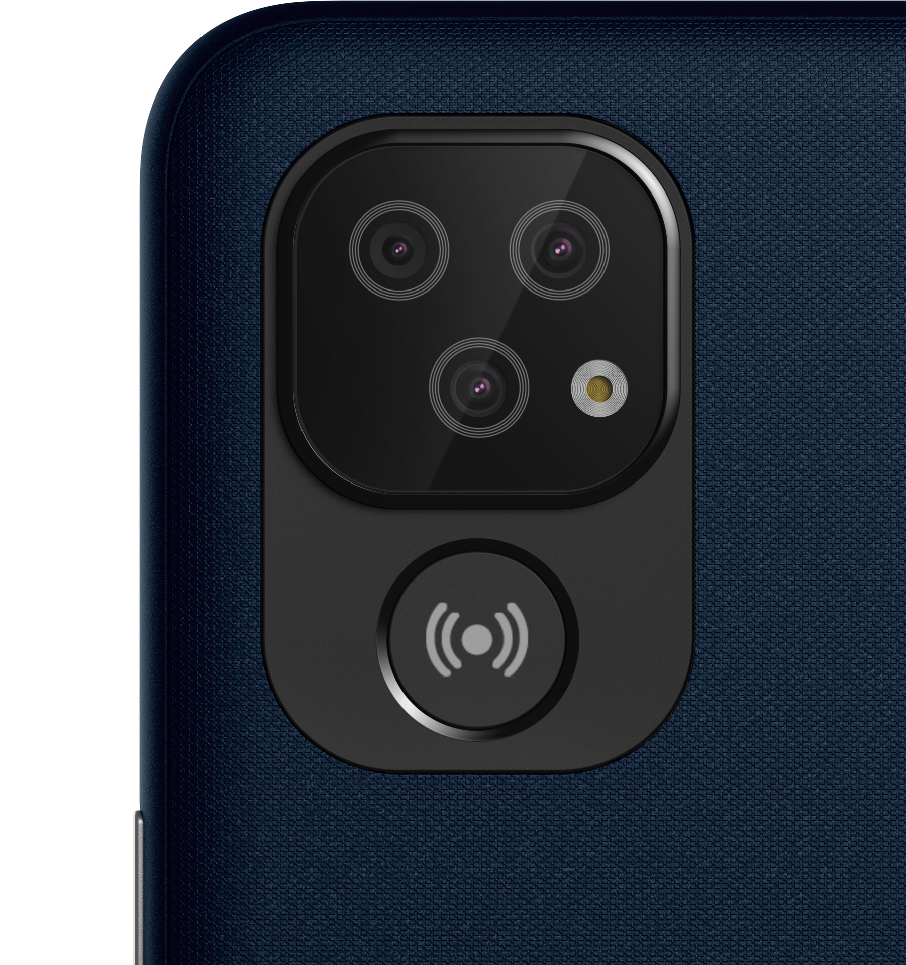 Nahaufnahme eines Smartphone-Kameramoduls. Es hat mehrere Linsen und ein Symbol für kabelloses Laden.