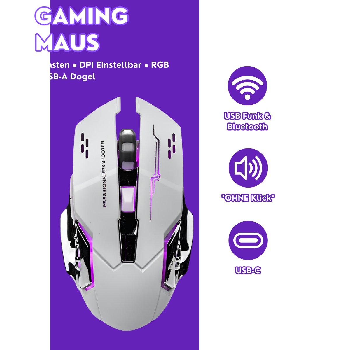 Eine weiße Gaming-Maus mit rosa Akzenten. Merkmale sind USB, Bluetooth und USB-C. Text sagt 'GAMING MAUS' und 'PRESSIONAL FPS SHOOTER'.