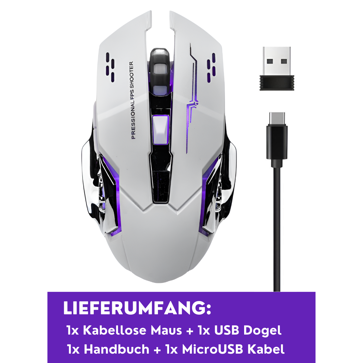 Weisse Gaming-Maus mit lila Akzenten, USB-Dongle und Kabel. Text auf der Maus: PRESSIONAL FPS SHOOTER. Inklusive Zubehör.