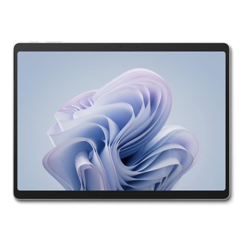 Tablet wyświetla abstrakcyjny niebiesko-fioletowy kwiat. Tablet jest czarny ze srebrną obwódką na białym tle.