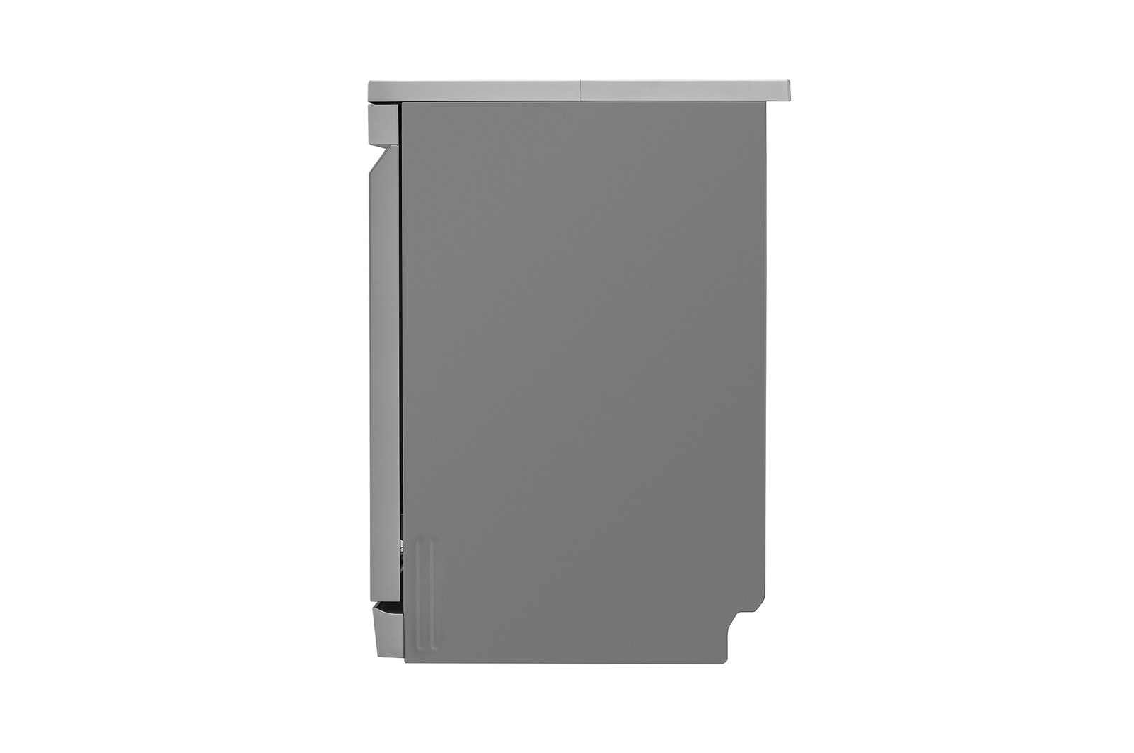 Vista laterale di un mobile grigio con piano chiaro. Il mobile ha un design semplice e moderno, su sfondo bianco.