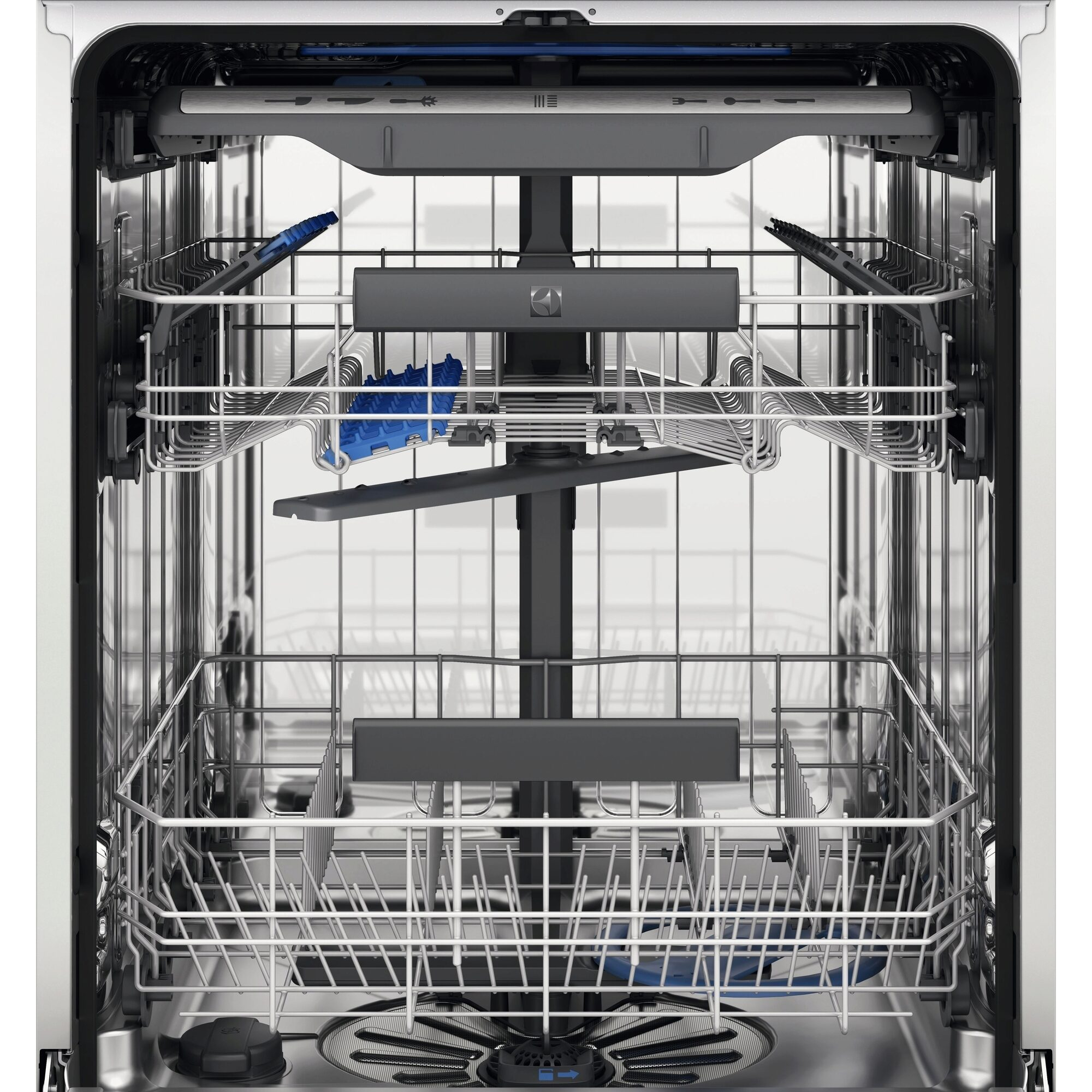 Interno lavastoviglie aperto con cestelli, bracci irroratori e componenti blu. Interno in acciaio inox, pronto.