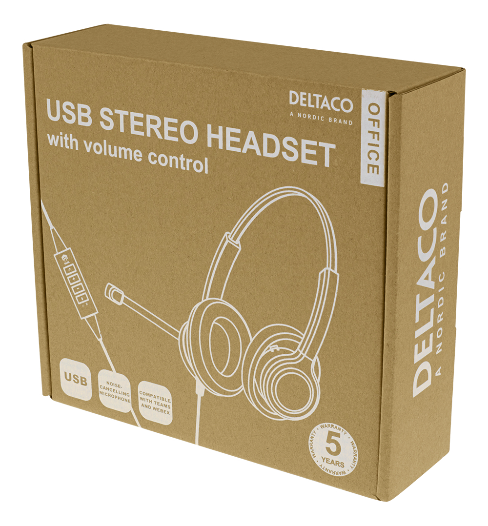 Karton mit einer Illustration eines USB-Stereo-Headsets. Text enthält 'DELTACO', 'USB STEREO HEADSET' und Garantieinformationen.