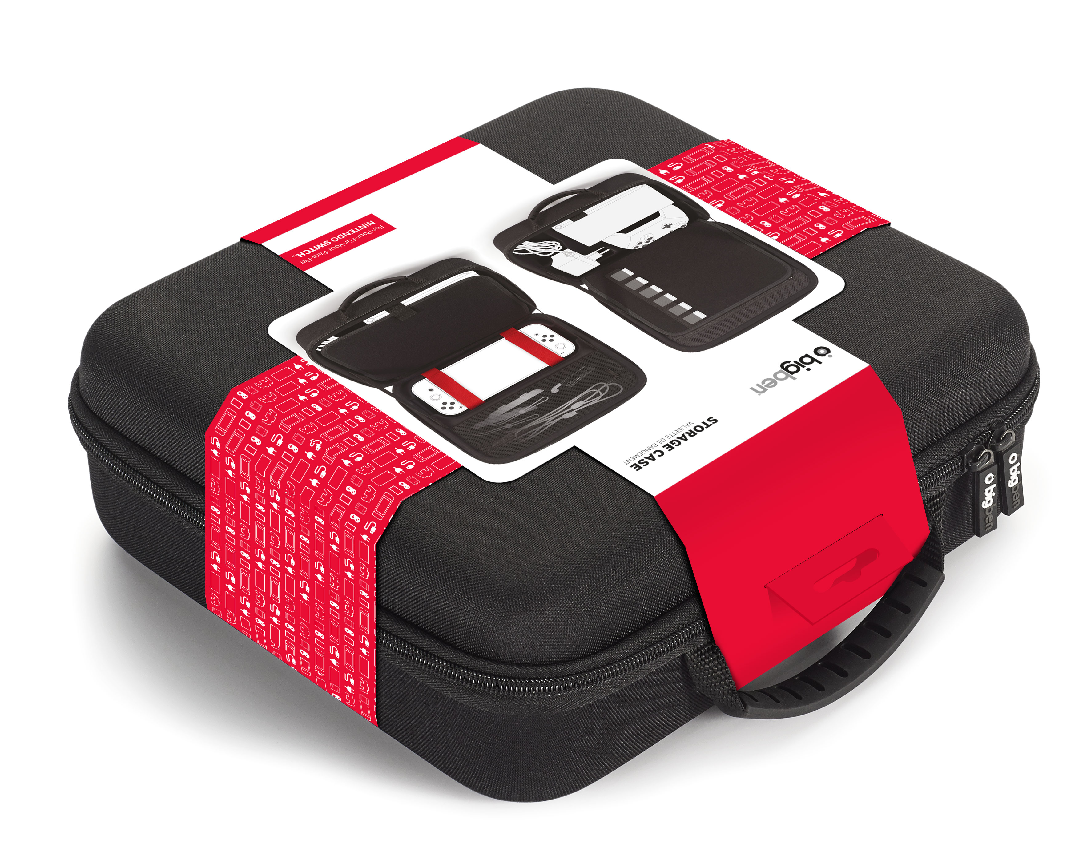 Black storage case with a red and white label. Inside, a white gaming console and accessories are visible.
