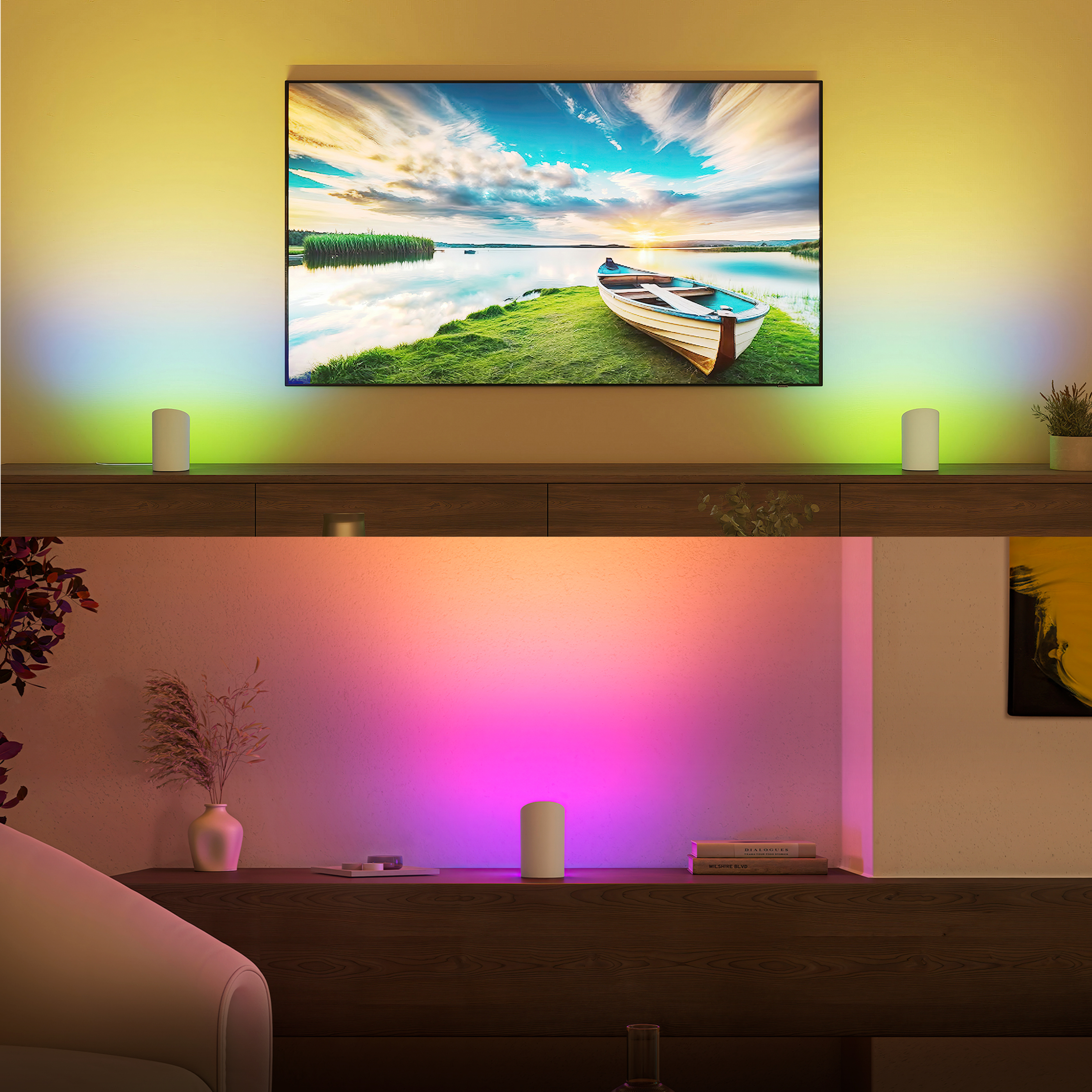 Una stanza con una TV che mostra un paesaggio, una barca e due luci bianche. Le pareti hanno luci colorate.
