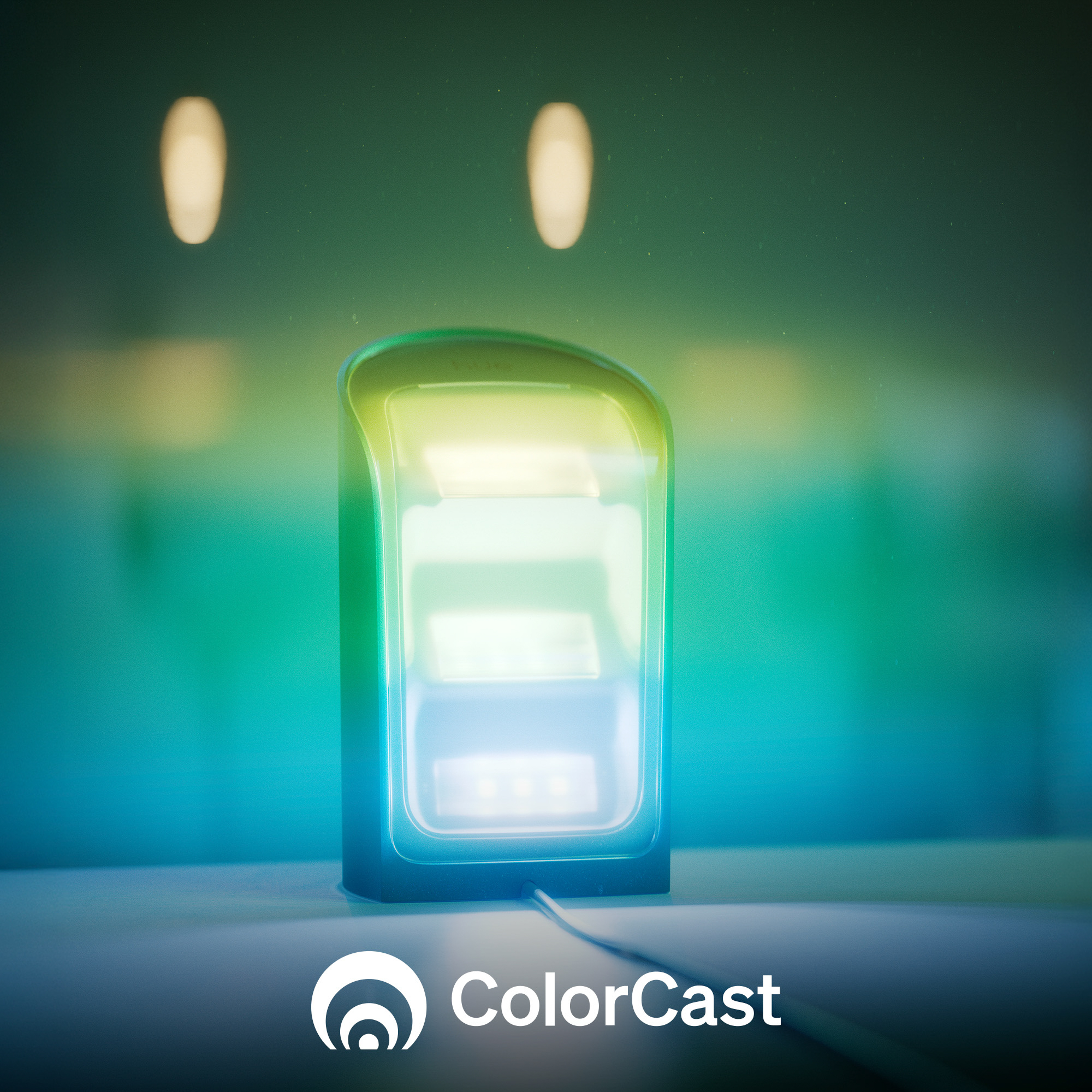 Un dispositivo luminoso con gradiente di colore, luci bianche e il logo ColorCast.