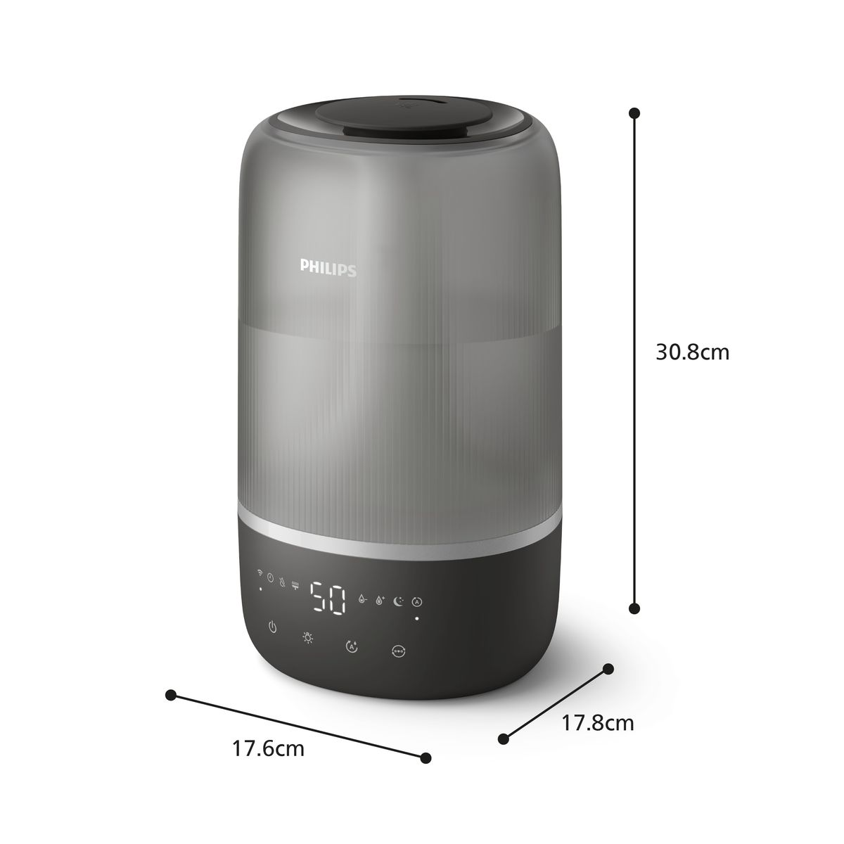 Nawilżacz powietrza Philips. Szary, cylindryczny z czarną podstawą i górą. Wymiary: 17,6 cm, 17,8 cm i 30,8 cm.