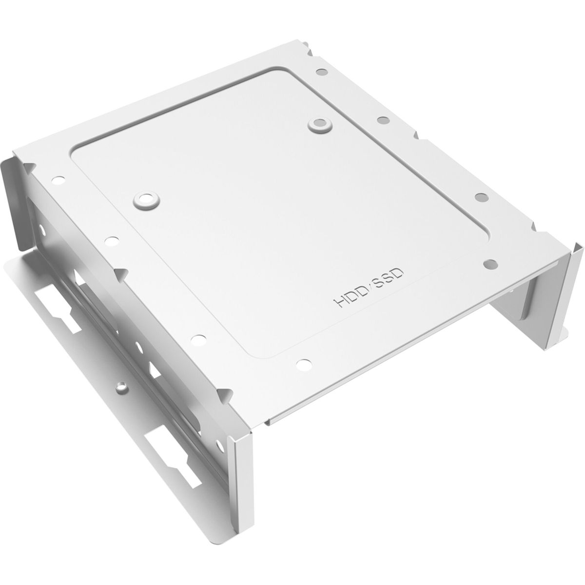 Un soporte de montaje HDD/SSD blanco con diseño rectangular, múltiples orificios y el texto 'HDD/SSD'.