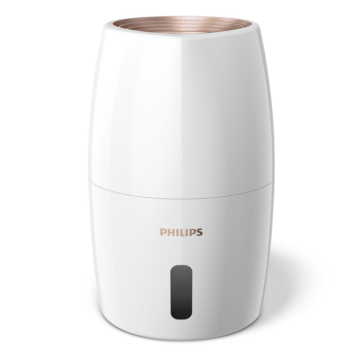 Biały nawilżacz powietrza Philips ze złotą obwódką i czarnym okienkiem wskaźnika. Widoczne logo Philips.