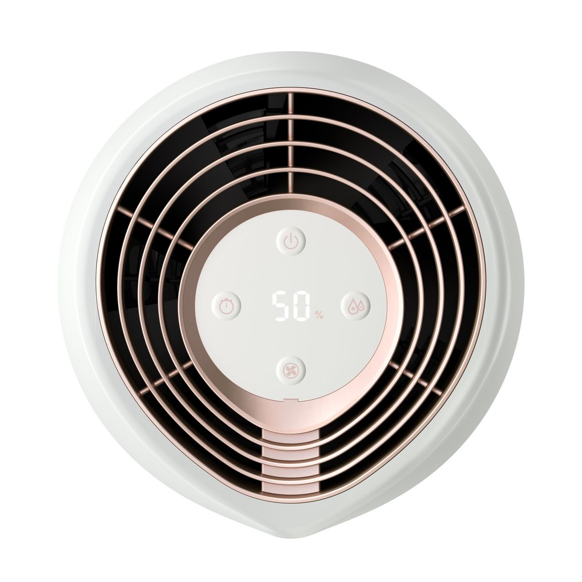 Widok z góry na biały i różowo-złoty wentylator. Posiada wyświetlacz cyfrowy pokazujący 50%. Przód ma czarną kratkę.