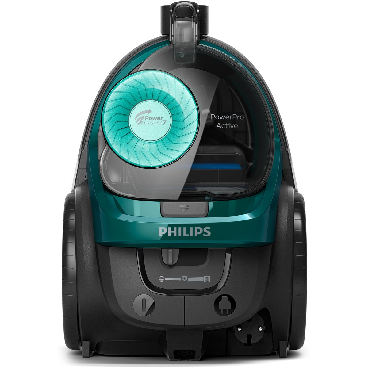 Odkurzacz Philips PowerPro Active. Ma turkusowo-czarną kolorystykę. Widoczne jest logo Power Cyclone 7.