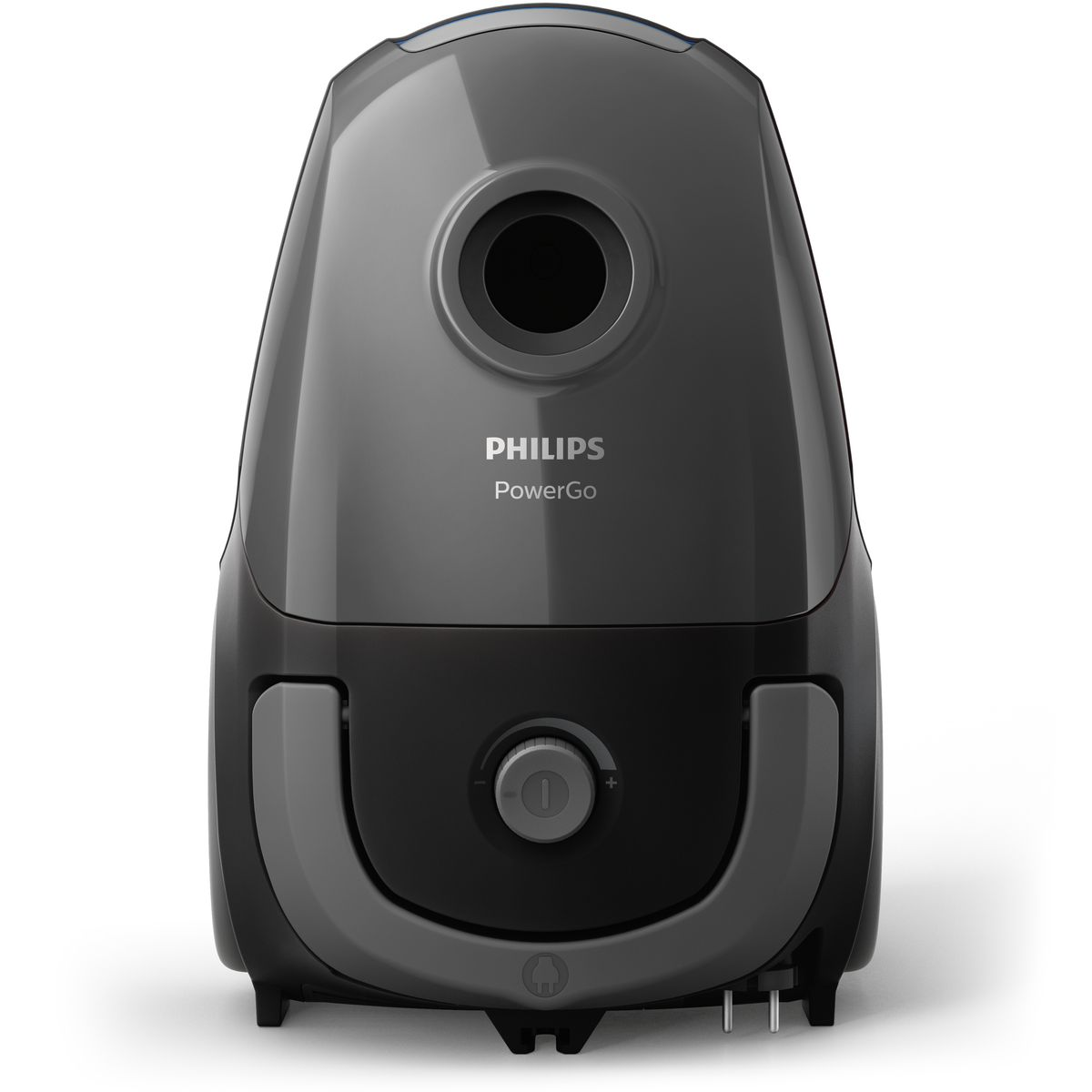 Ciemnoszary odkurzacz Philips PowerGo na białym tle. Ma okrągły otwór, pokrętło i boczne uchwyty.
