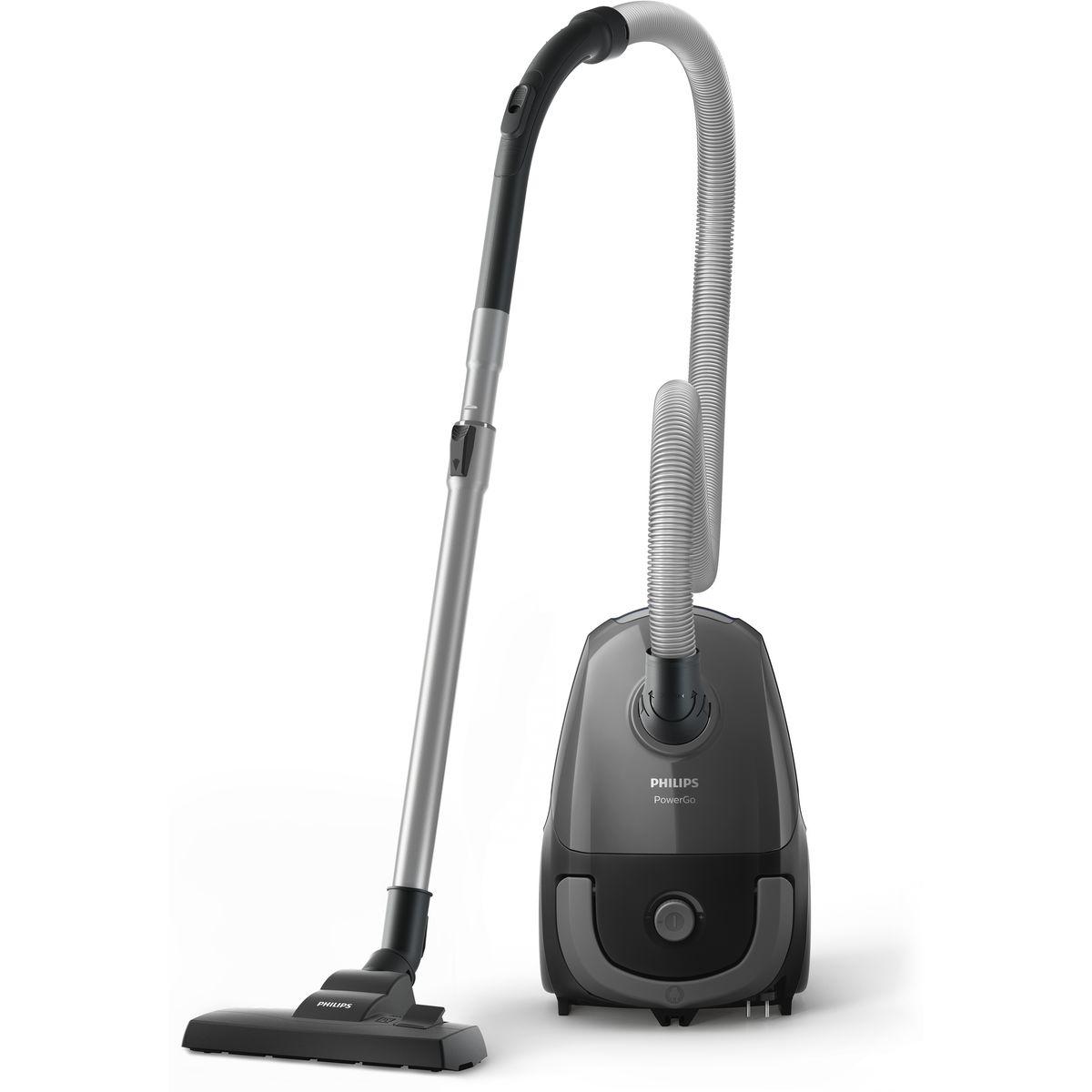 Odkurzacz Philips PowerGo. Jest szary i czarny, z wężem i rurą, oraz szczotką do podłóg. Na białym tle.
