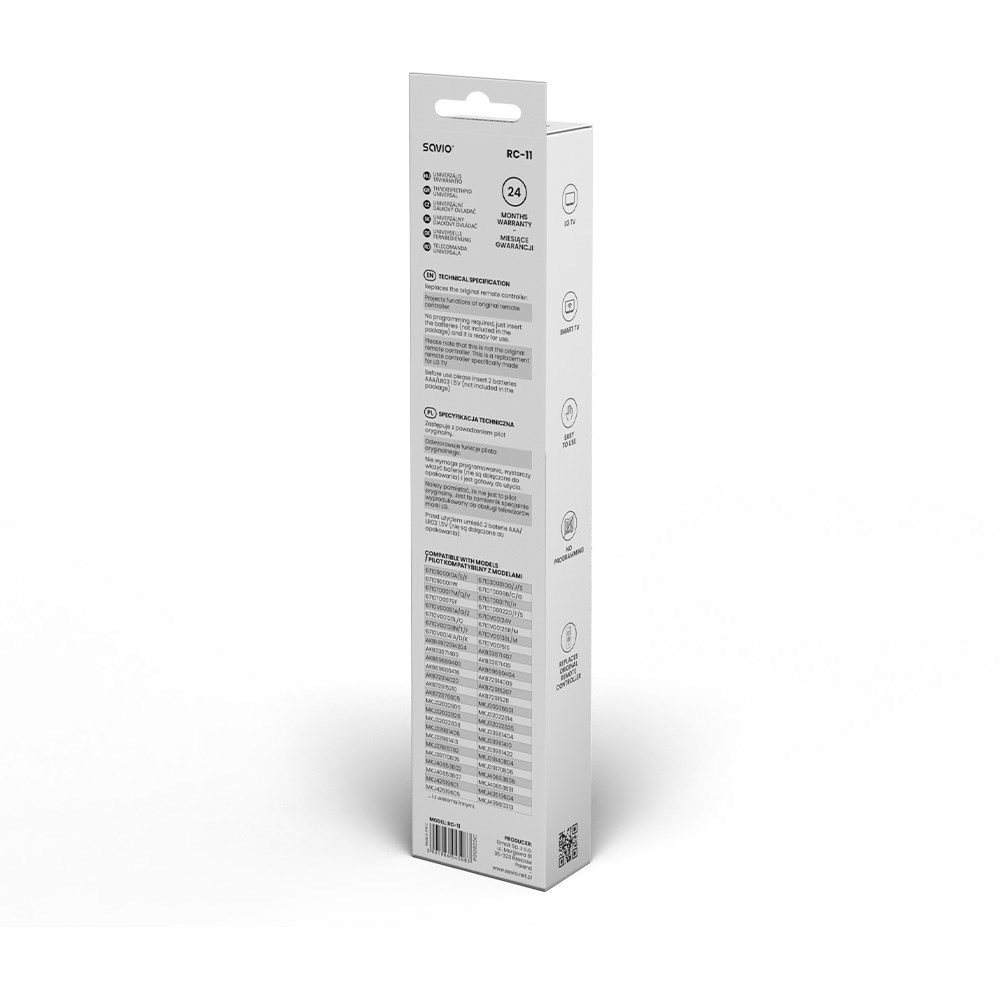 Białe opakowanie pilota Savio RC-11. Tekst i ikony z przodu. Szczegóły produktu z tyłu.