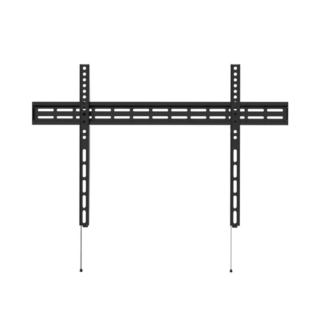 Un soporte de pared para TV negro, que consta de dos soportes verticales y un soporte horizontal. Tiene varios agujeros para ajustes y cables.