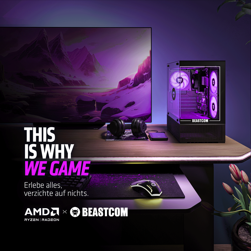 Konfiguracja do gier z komputerem, monitorem, słuchawkami i myszką. Scena oświetlona fioletowym światłem, promująca AMD i Beastcom.