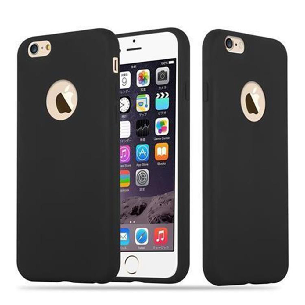 Tre custodie nere per iPhone. Una contiene un iPhone che mostra le app. Le altre sono su entrambi i lati, che mostrano il logo Apple.