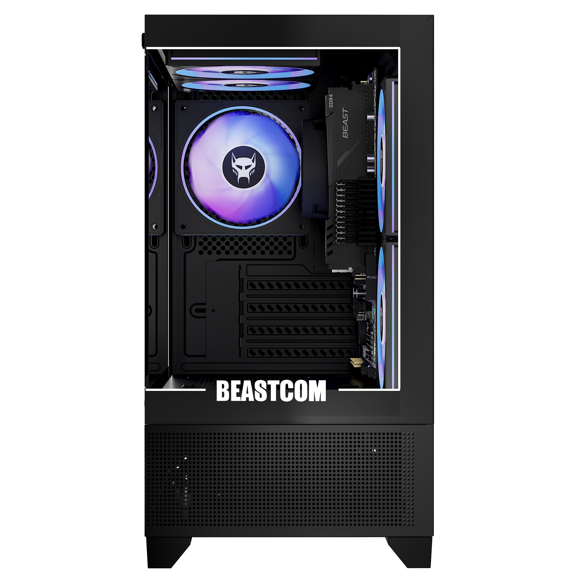 Wnętrze czarnej obudowy komputera z wentylatorami, płytą główną i logo BEASTCOM. Wentylatory mają kolorowe światła LED.