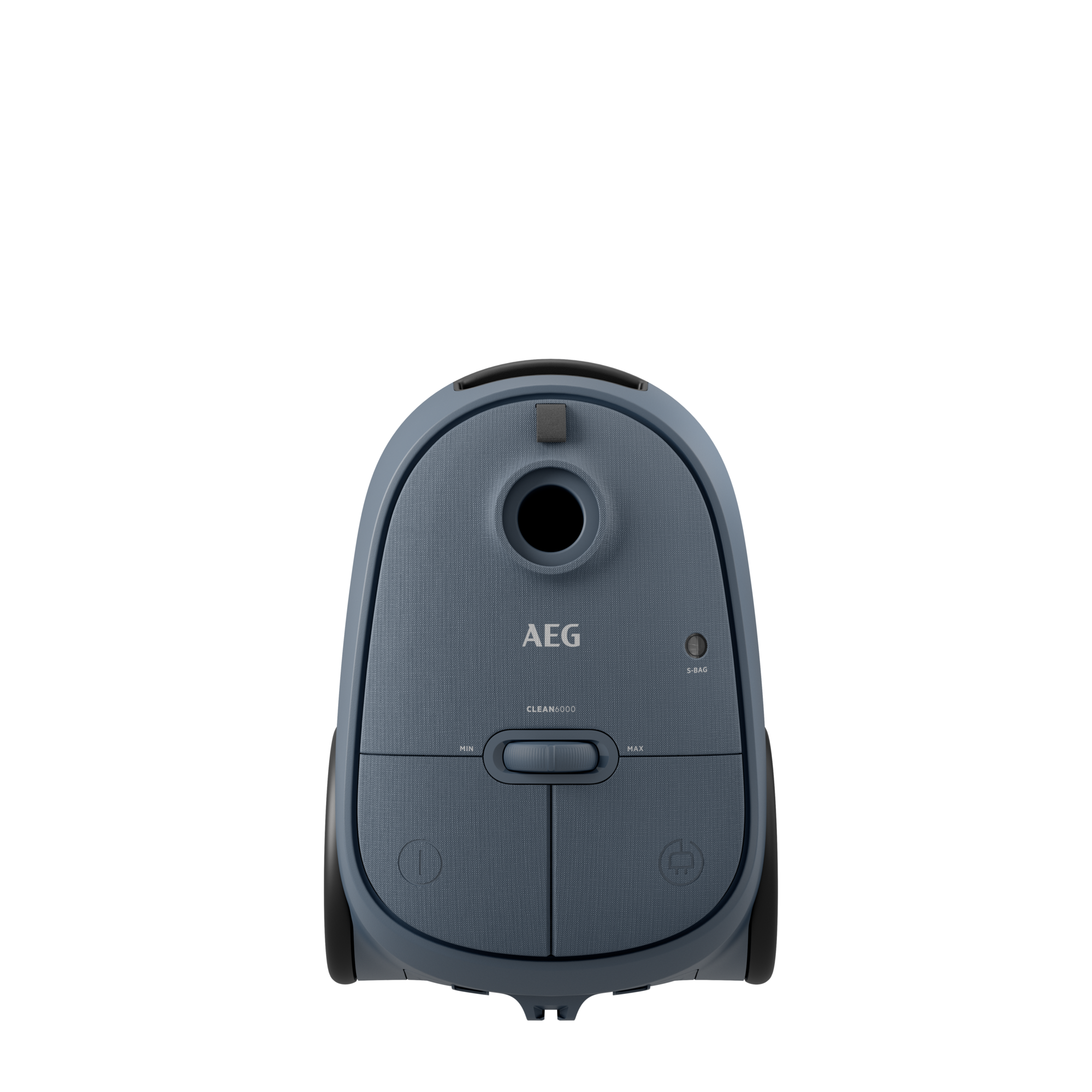 Una aspiradora azul AEG Clean6000 sobre un fondo negro. Tiene un botón de encendido y un dial para controlar la potencia.