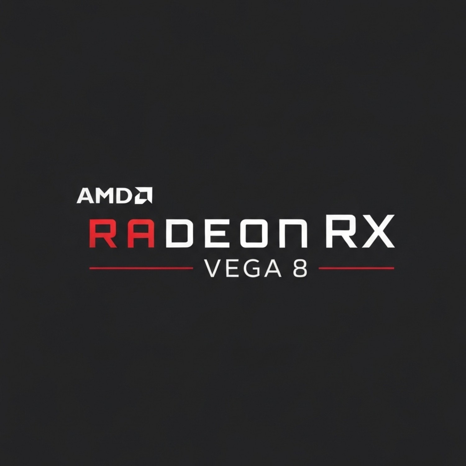 Logotipo de AMD Radeon RX Vega 8. Fondo negro, texto blanco y rojo. Logotipo de AMD arriba, Radeon RX en blanco, texto Vega 8.