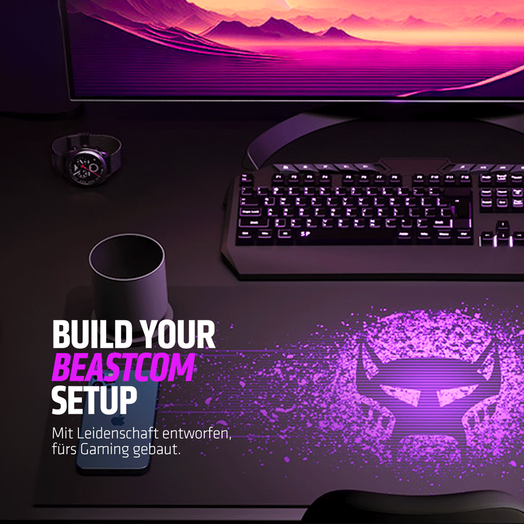 Konfiguracja do gier z klawiaturą, myszą, zegarkiem, telefonem i monitorem. Fioletowe logo i tekst na biurku. Ciemno.