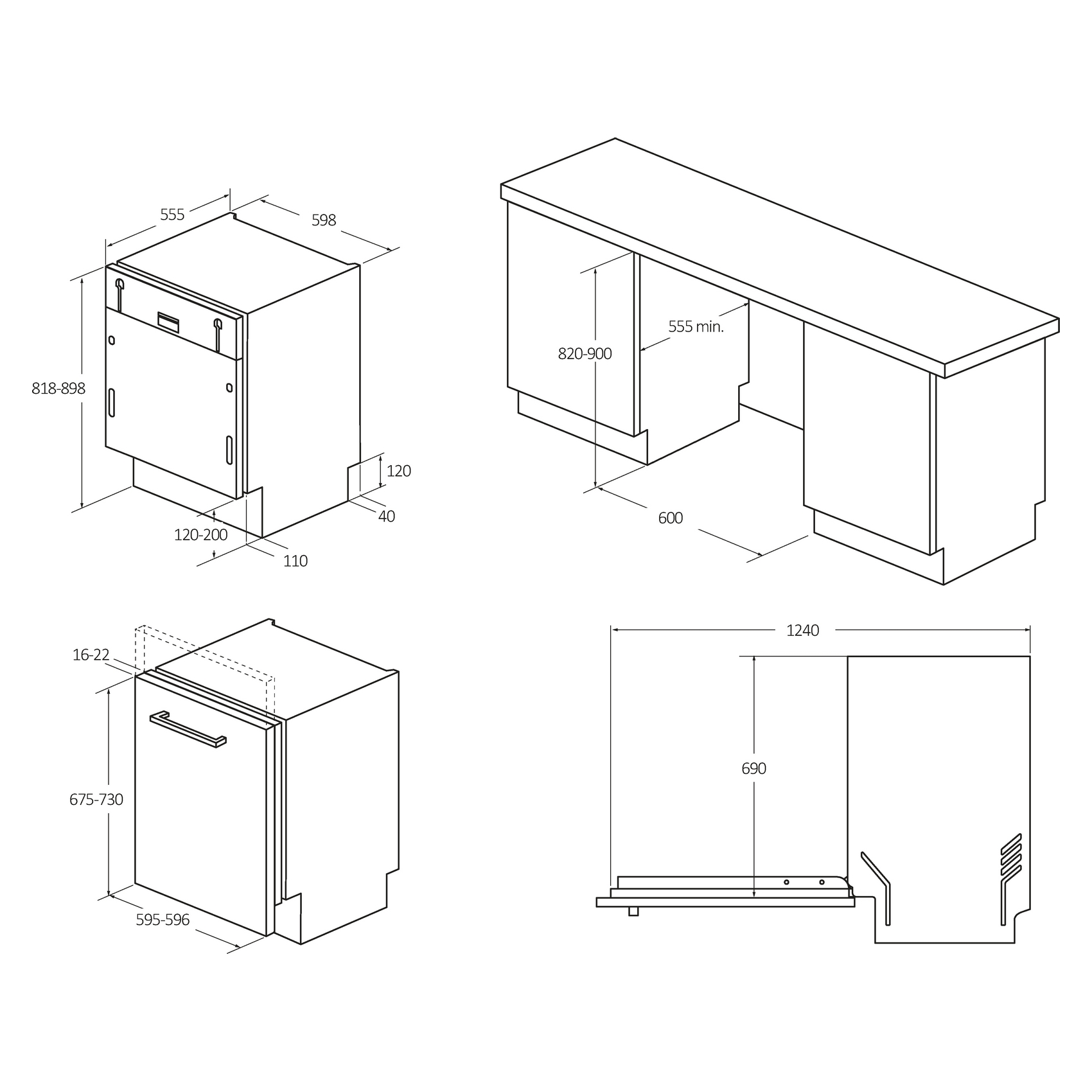 Schema di elettrodomestici da cucina con dimensioni. Lavastoviglie, armadietti e una vista laterale della lavastoviglie sono mostrati.