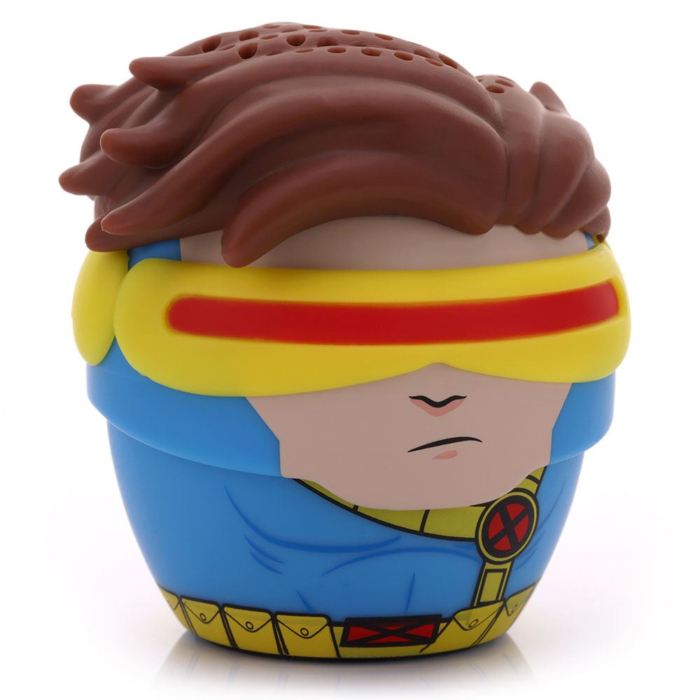 Bir Cyclops figürü. Kahverengi saçları, sarı ve kırmızı vizörü, mavi kıyafeti ve X-Men logolu sarı kemeri var.