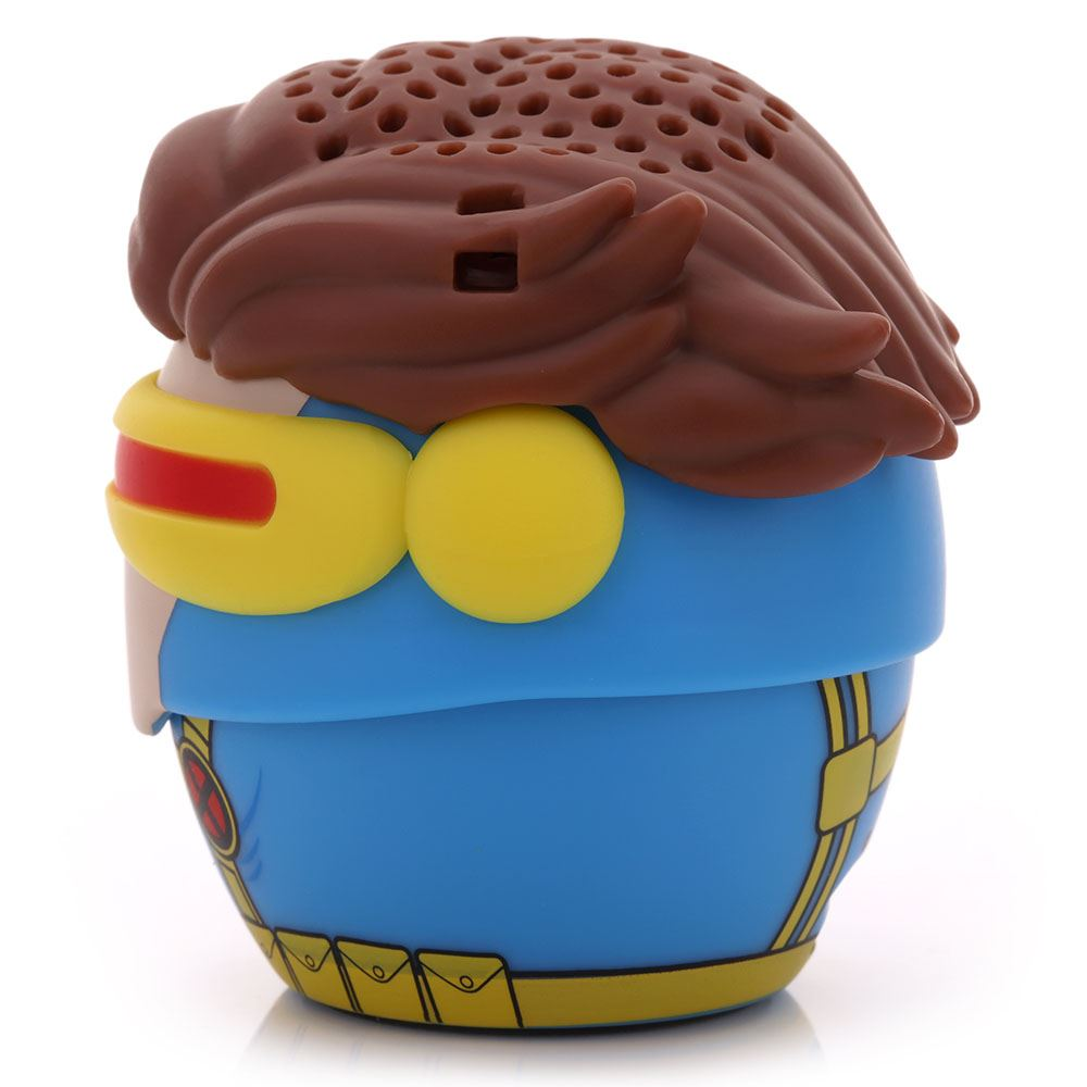 Bir Cyclops figürü. Mavi bir gövdesi, kırmızı şeritli sarı bir vizörü ve kahverengi saçları var. Figürün üzerinde bir X-Men logosu var.