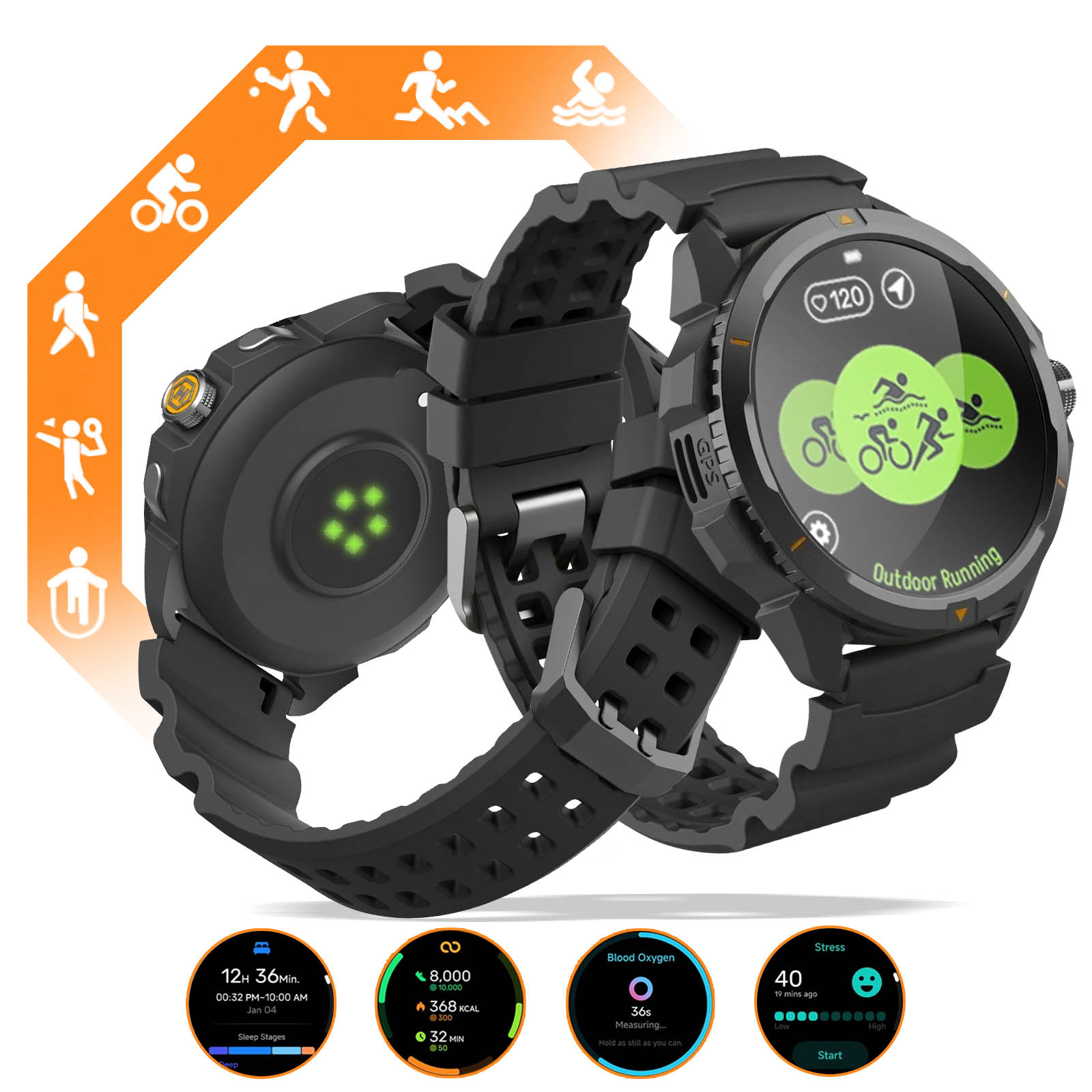 Smartwatch noire avec fonctions de suivi de fitness. Affiche fréquence cardiaque, icônes d'activité et mesures de santé.