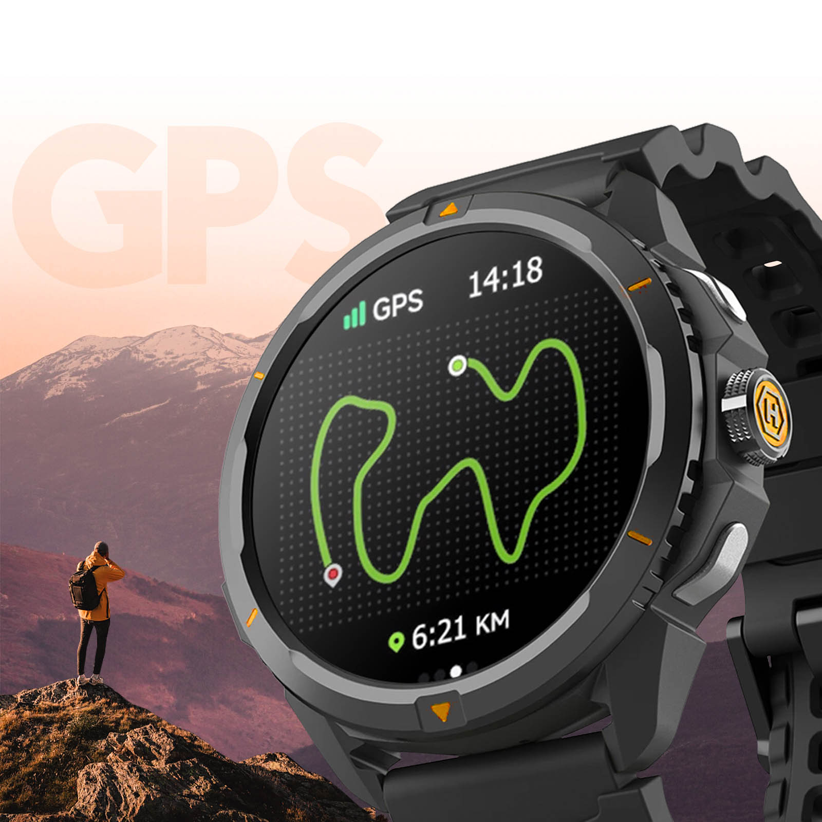 Montre connectée noire affichant une carte GPS, l'heure 14:18 et 6:21 km. Une personne est sur une montagne.