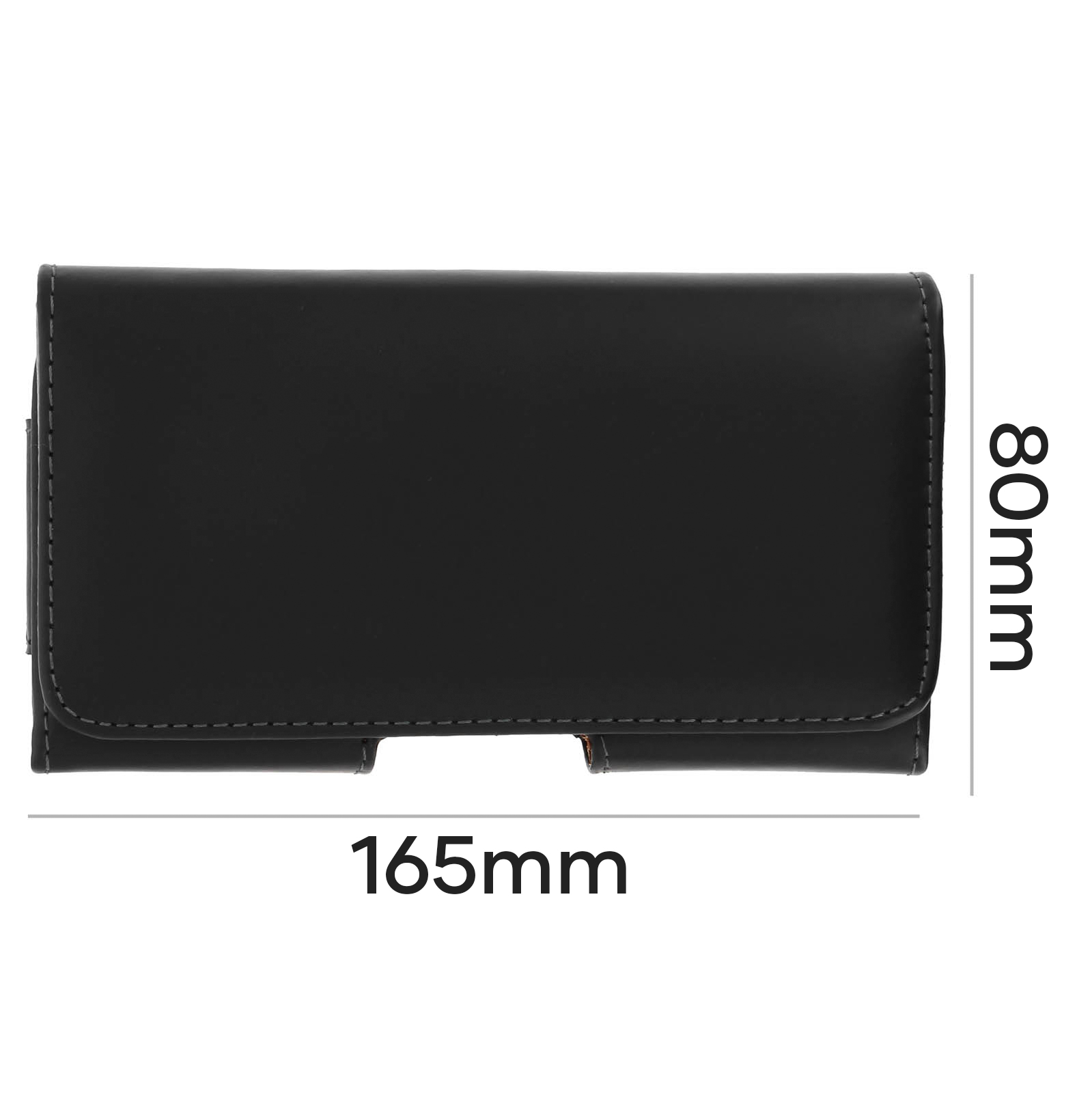 Custodia per telefono in pelle nera con cuciture grigie. Dimensioni: 165 mm x 80 mm. Sfondo bianco.