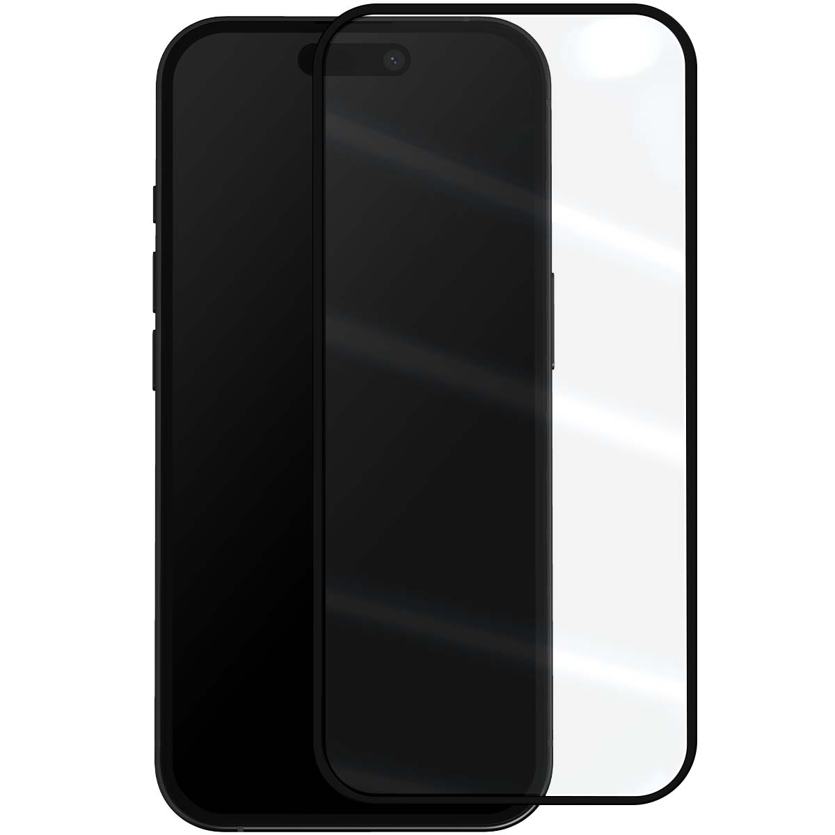 Een zwarte smartphone met een schermbeschermer. De telefoon is grotendeels zwart, met een glazen schermbeschermer aan de voorkant.