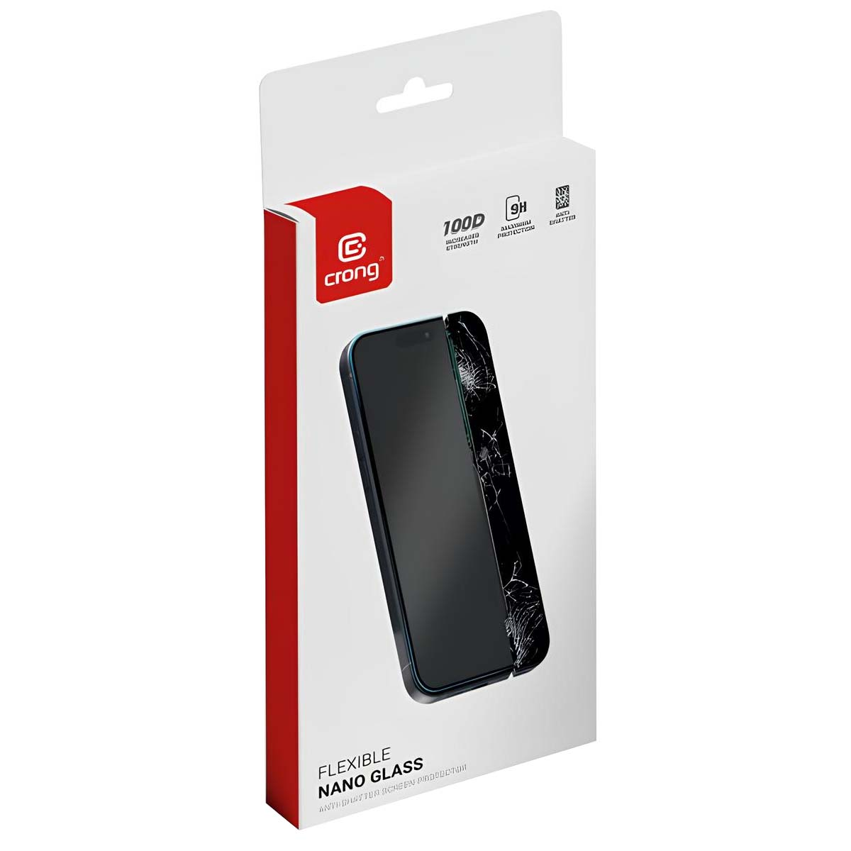 Een schermbeschermer voor een telefoon in een witte doos. De beschermer zit op een zwarte telefoon, gebarsten. De doos heeft een rode streep en het 'crong' logo.