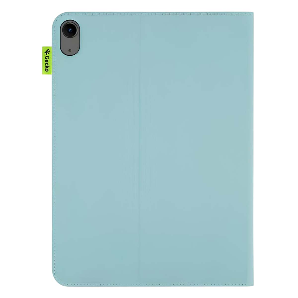 Una custodia per tablet azzurra con ritaglio per fotocamera ed etichetta Gecko verde. La custodia è chiusa.