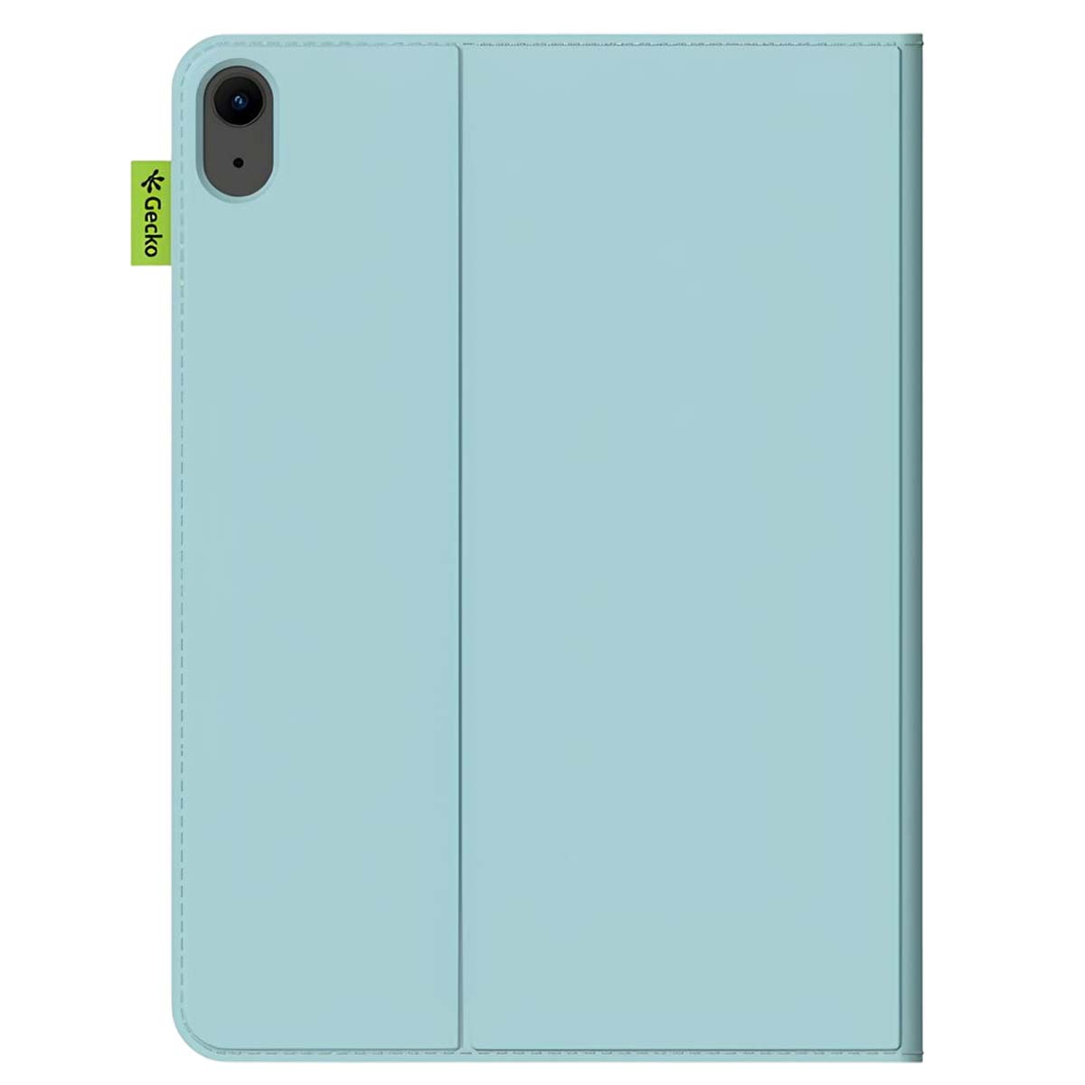 Un étui de tablette bleu clair est présenté, avec un rabat pliable. La marque 'Gecko' est visible à gauche, en vert.