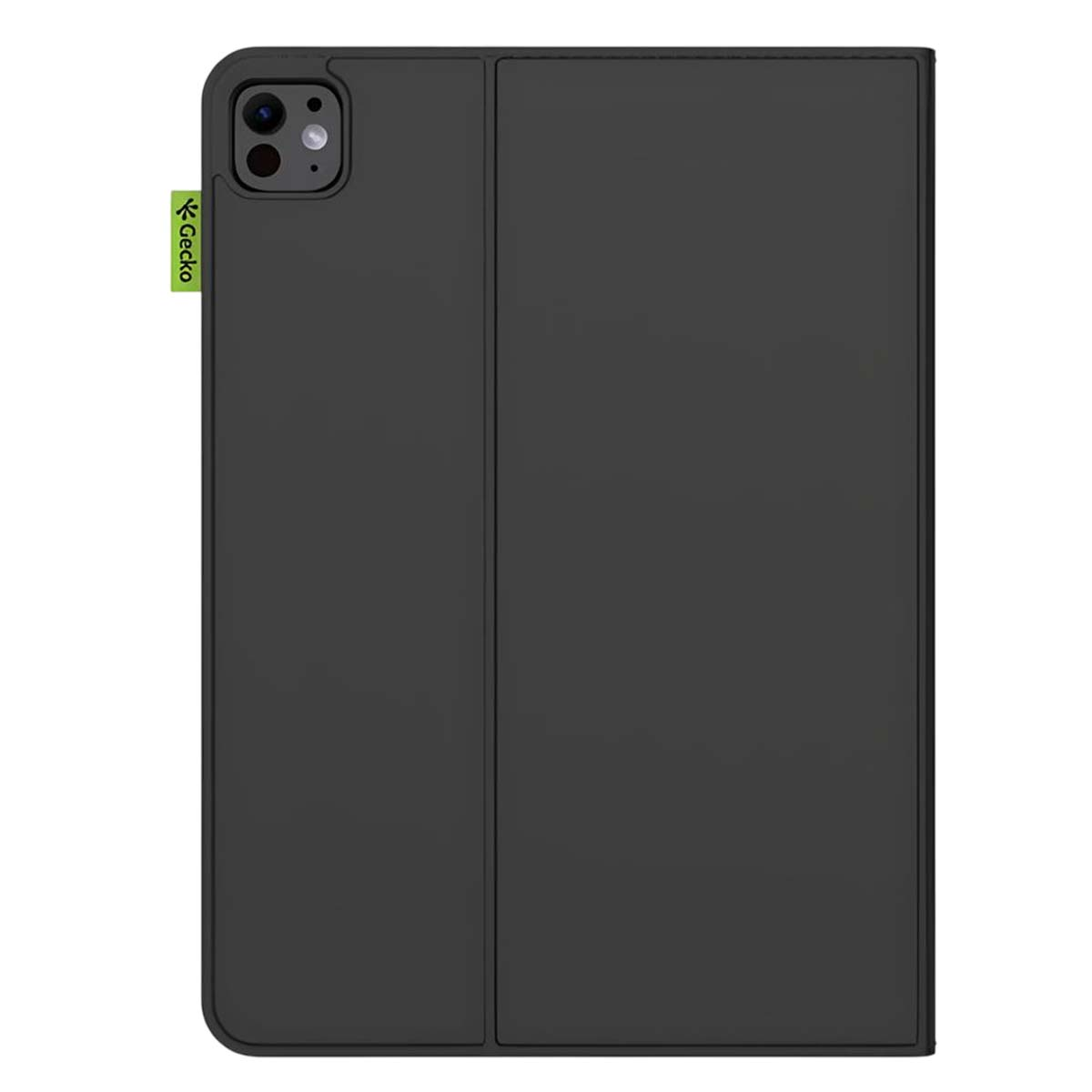 Custodia per tablet nera, aperta. Presenta un ritaglio per la fotocamera e un logo 'Gecko' verde sul lato.