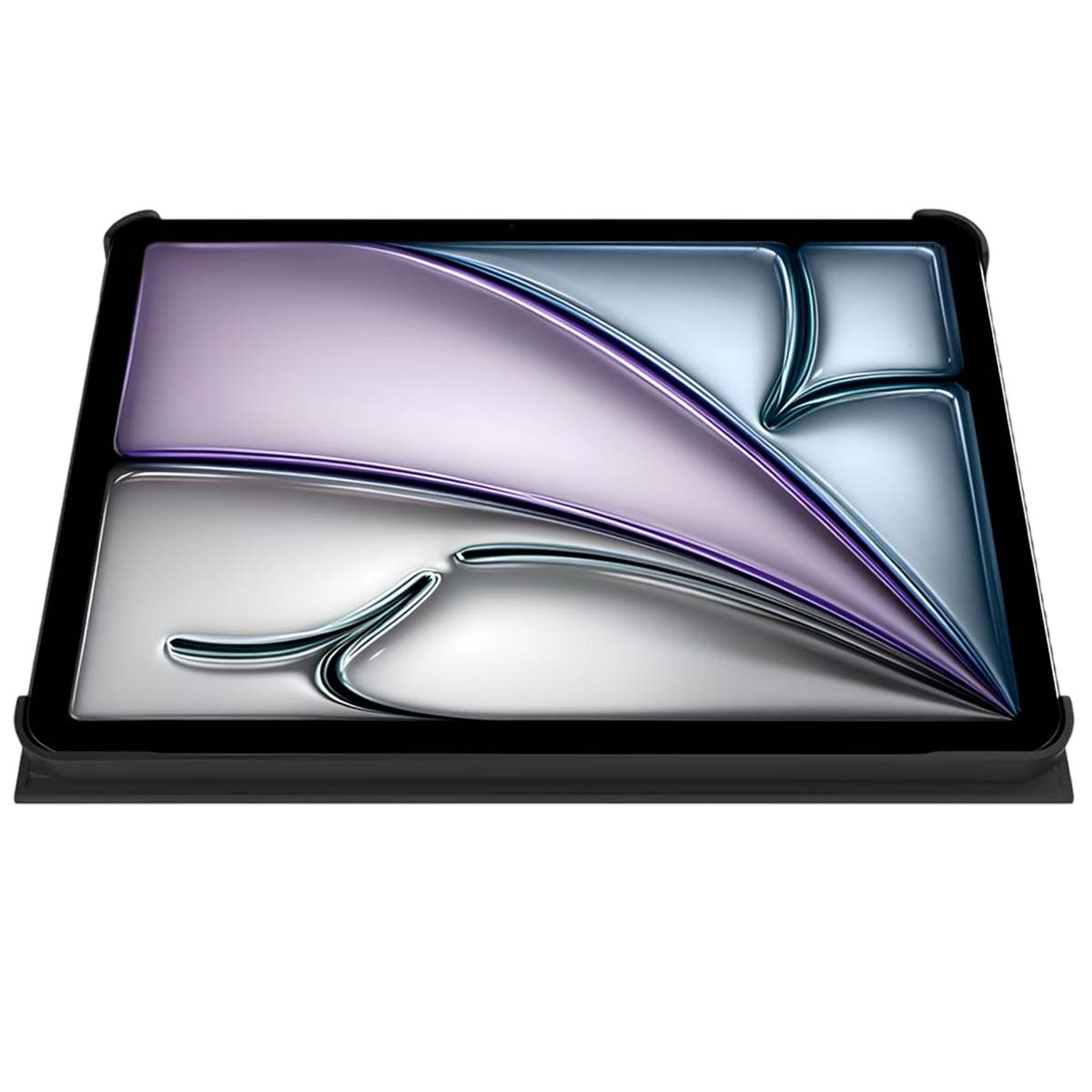 Une tablette avec un cadre noir et un écran affichant un design abstrait violet et blanc.