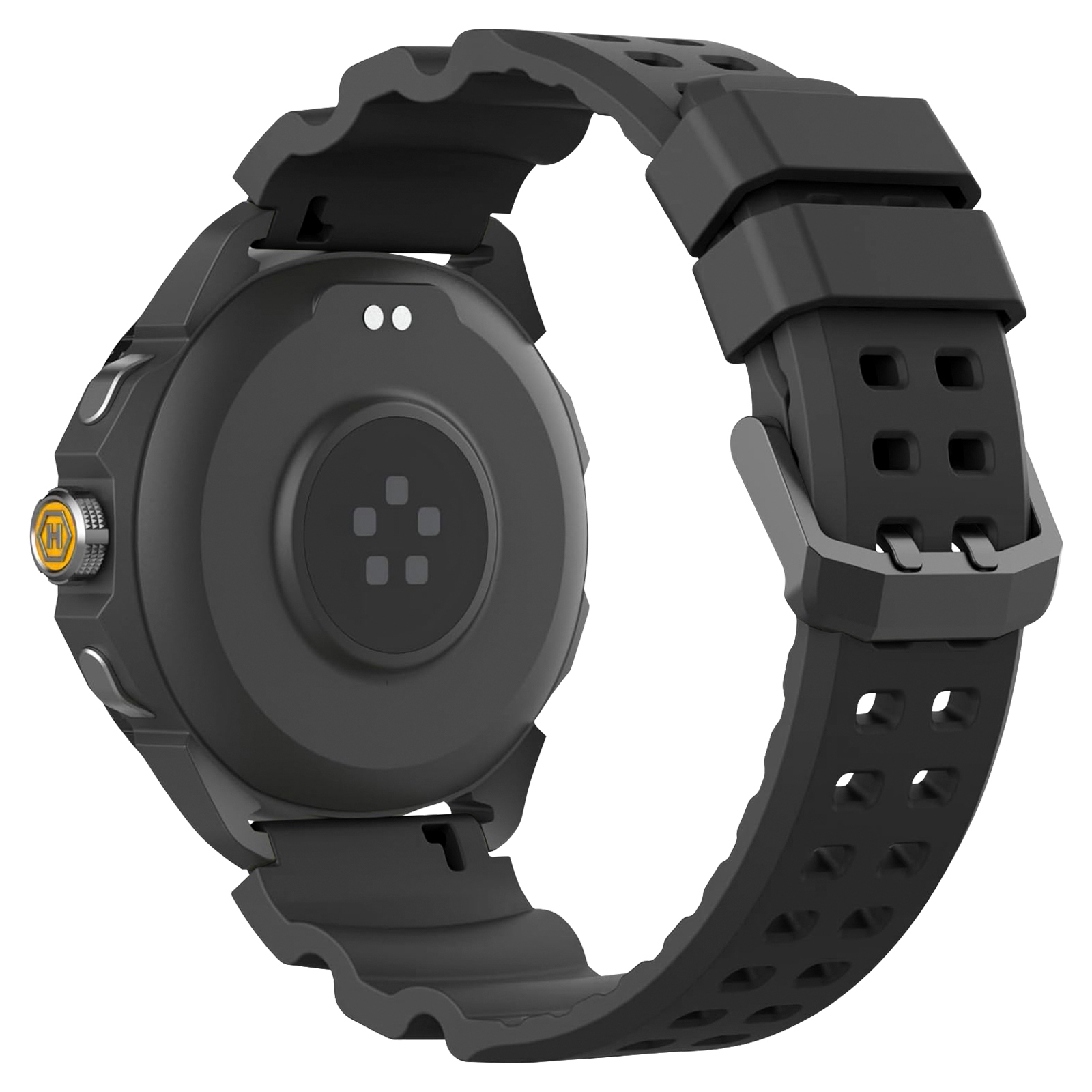 Une montre connectée noire avec un bracelet assorti. Elle a un cadran rond et un bracelet texturé avec des trous.