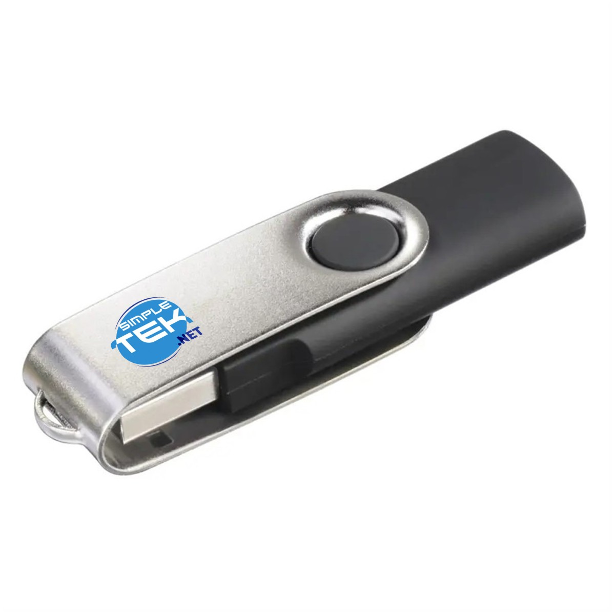 Pendrive USB w srebrno-czarnej obudowie. Posiada niebieskie logo z napisem 'Simple Tek .net'.
