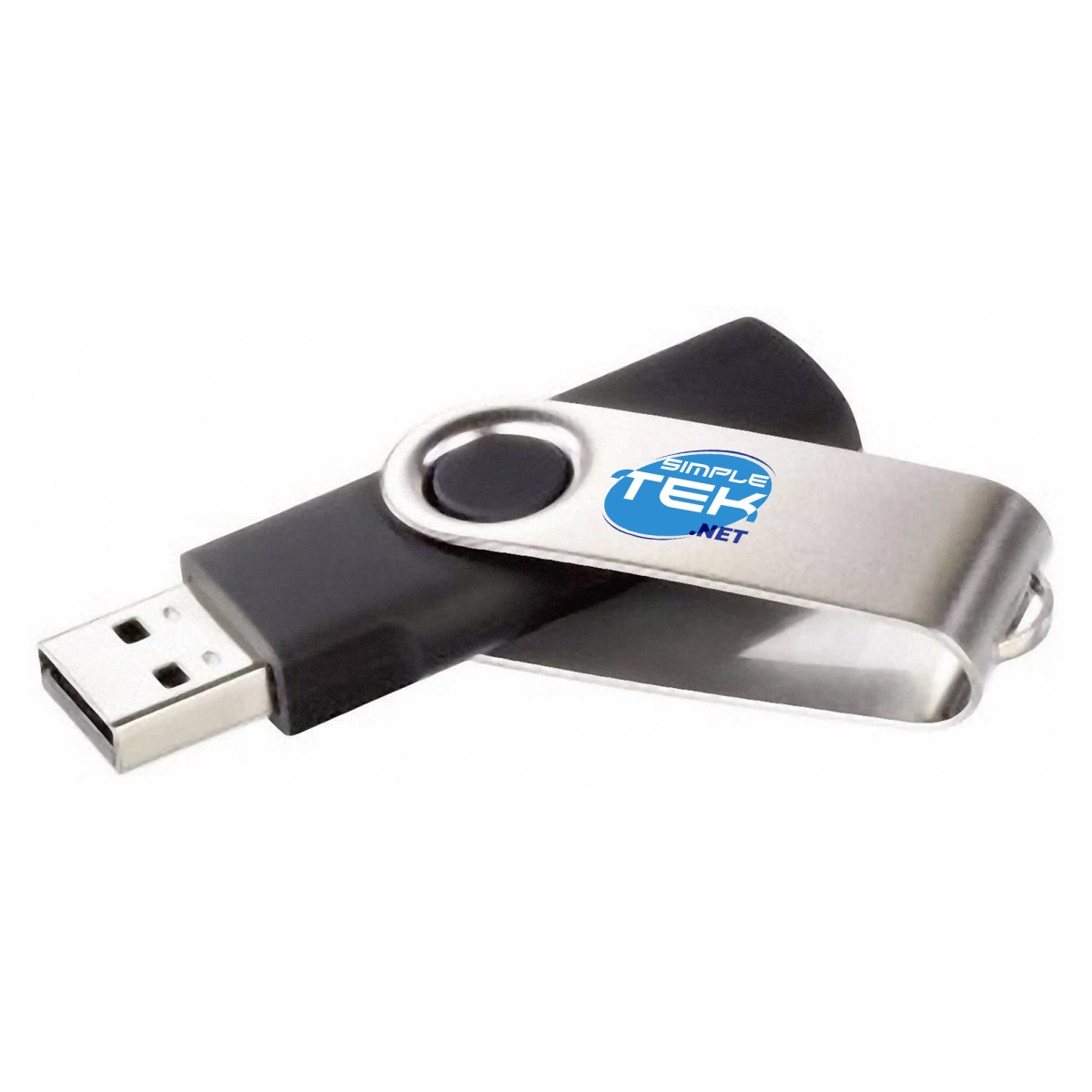 Czarny i srebrny pendrive USB z logo Simple Tek .net na białym tle.