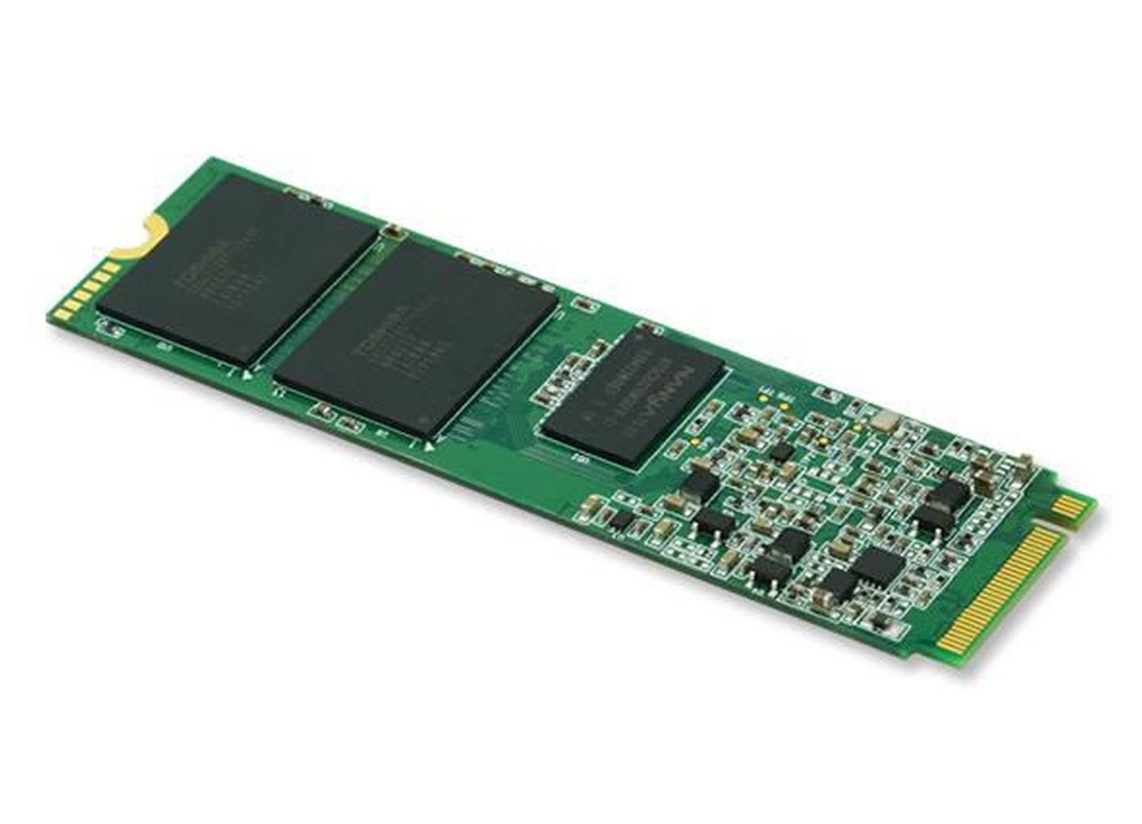 Un circuito stampato verde con chip neri e connettori dorati. Sono visibili chip di memoria flash Toshiba e NAND.