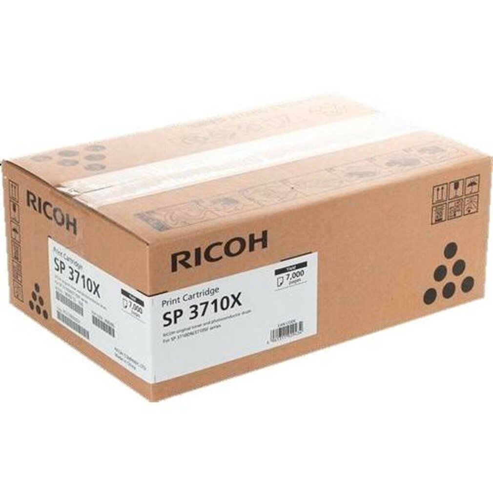 Brązowe kartonowe pudełko z napisem 'RICOH SP 3710X Print Cartridge'. Pudełko jest zapieczętowane i ma różne symbole.