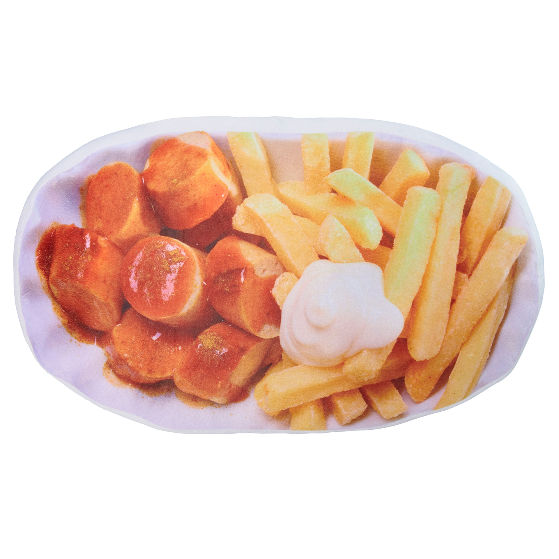 Currywurst mit Tomatensauce, Pommes Frites und Mayonnaise auf einem weißen Teller. Ein deutsches Fast-Food-Gericht.