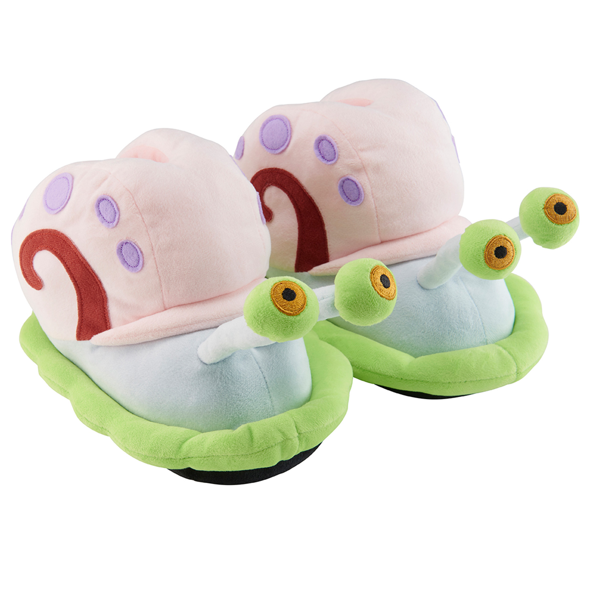 Zwei Gary the Snail Hausschuhe. Rosa Schale mit lila Punkten, grüne Augen und hellblauer Körper. Grüne und schwarze Basis.