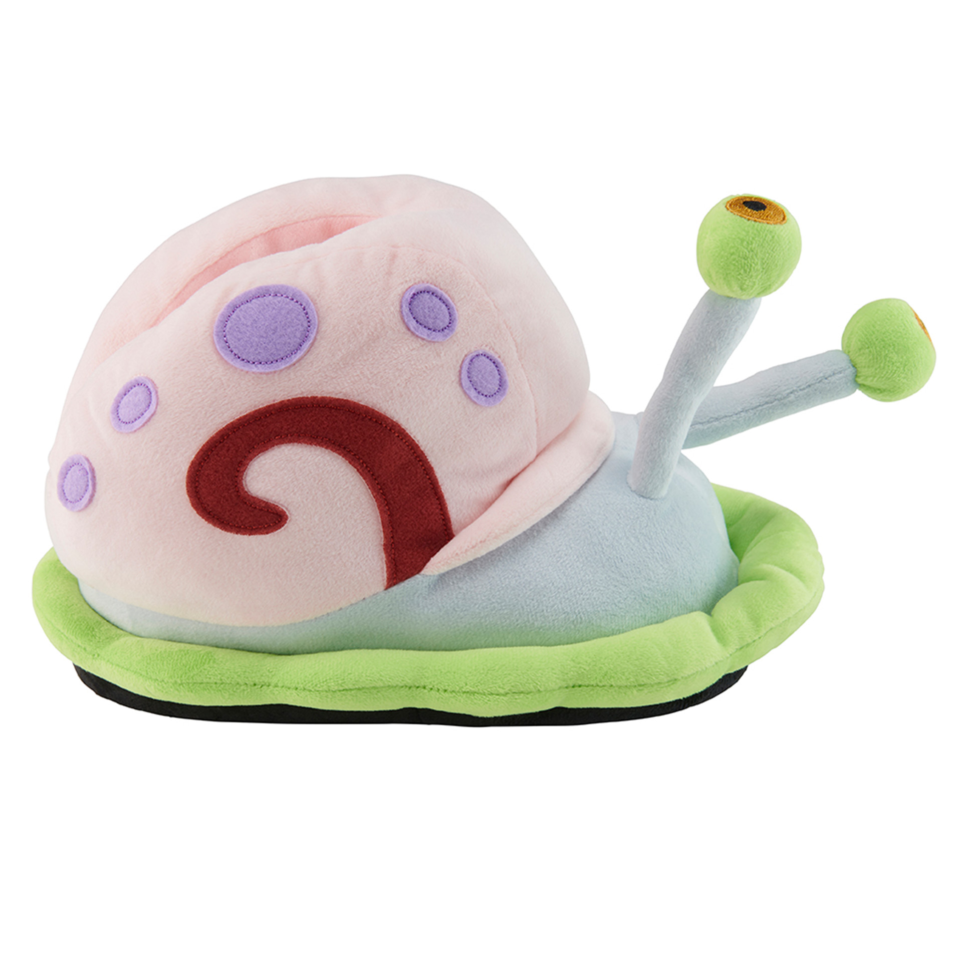 Plüschtier Gary die Schnecke. Rosa Gehäuse mit lila Flecken, roter Wirbel, grüner Sockel und grüne Augen.