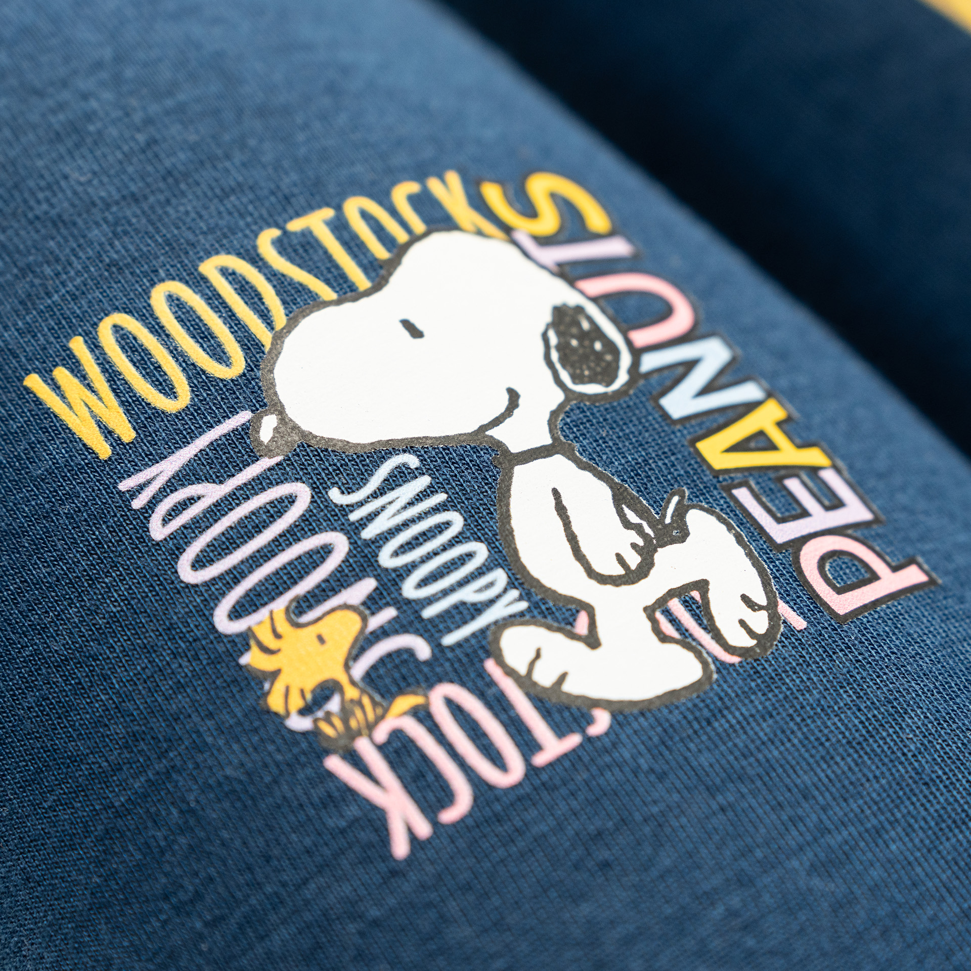 Nahaufnahme eines blauen Stoffes mit Snoopy-Design. Snoopy und Woodstock sind mit dem Text 'Woodstock' und 'Peanuts' dargestellt.