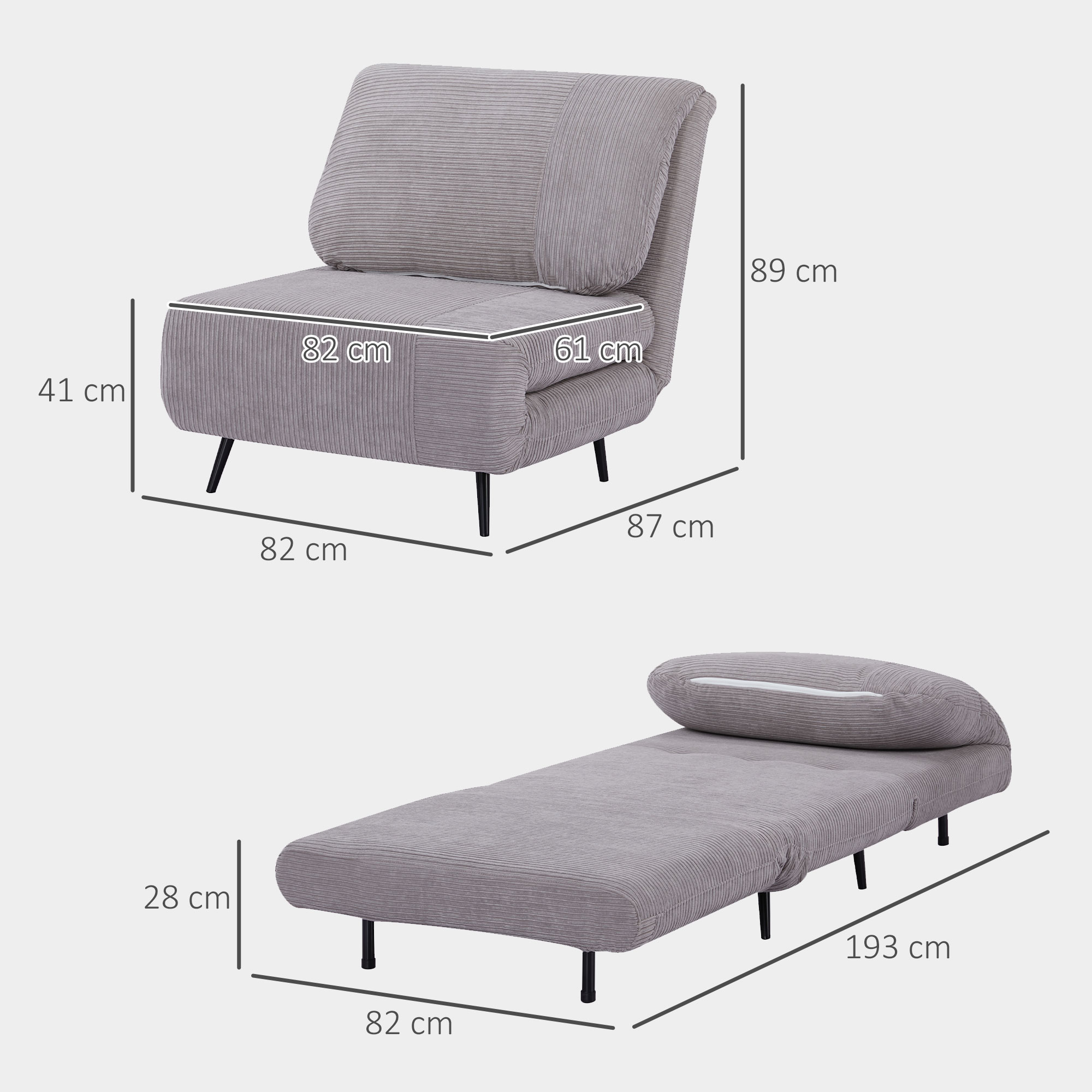 Un divano letto grigio in due posizioni: piegato come sedia e aperto come letto, con dimensioni.