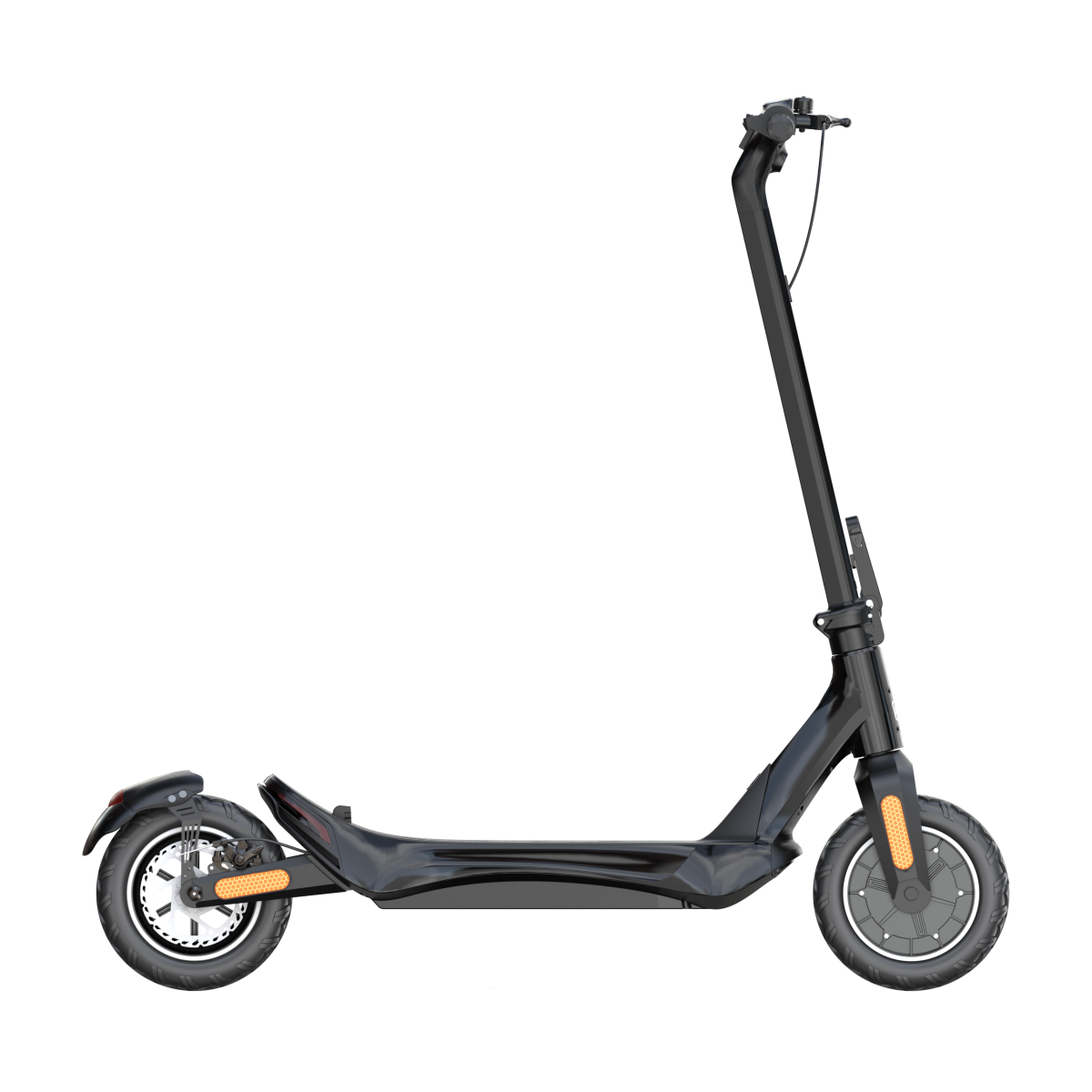 Czarna hulajnoga elektryczna na czarnym tle. Hulajnoga ma czarne opony, ramę i wysoki uchwyt.